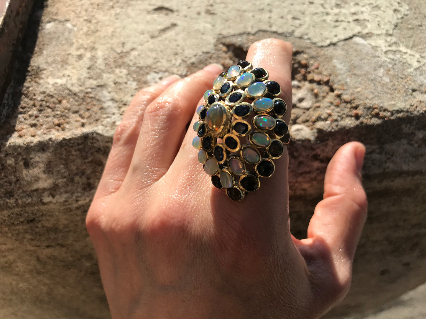 Handmade Sterling Silver Gold Rainbow Fire Natural Opal blue topaz Art Deco Huge statement artisan ring 6.5