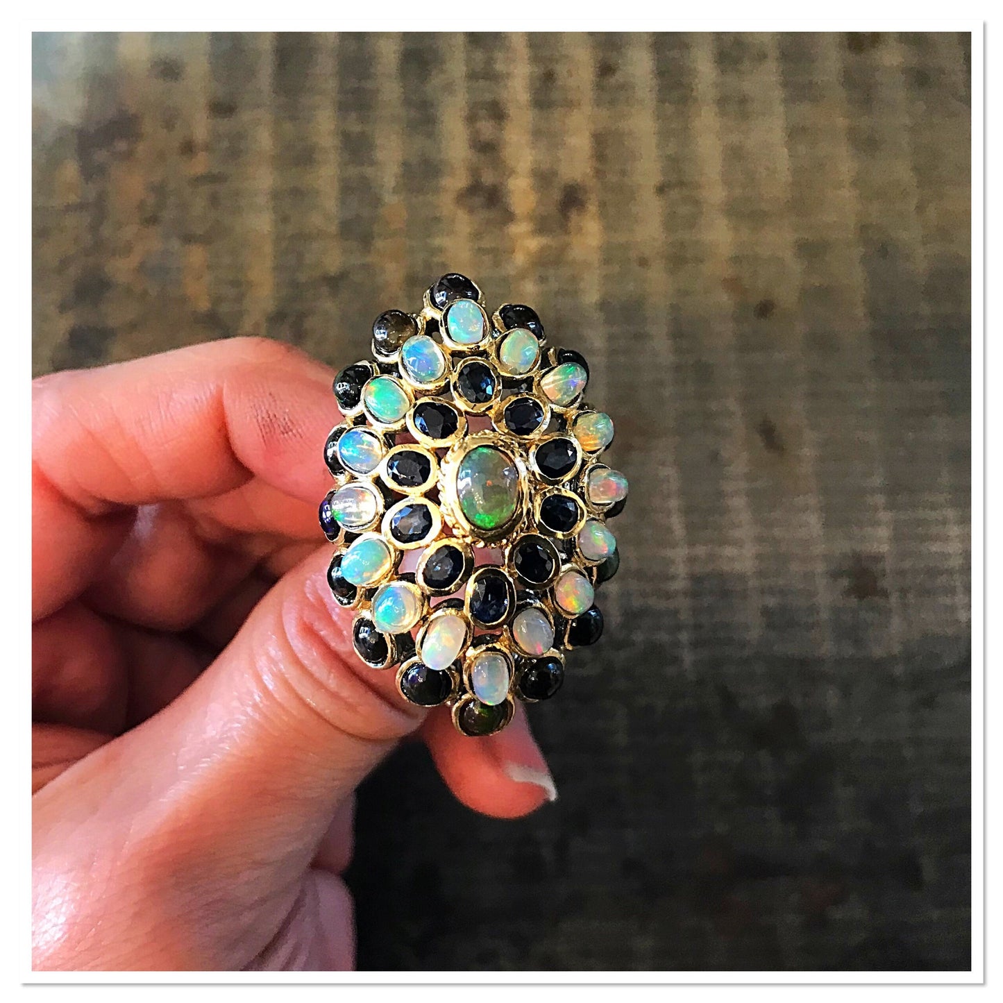 Handmade Sterling Silver Gold Rainbow Fire Natural Opal blue topaz Art Deco Huge statement artisan ring 6.5