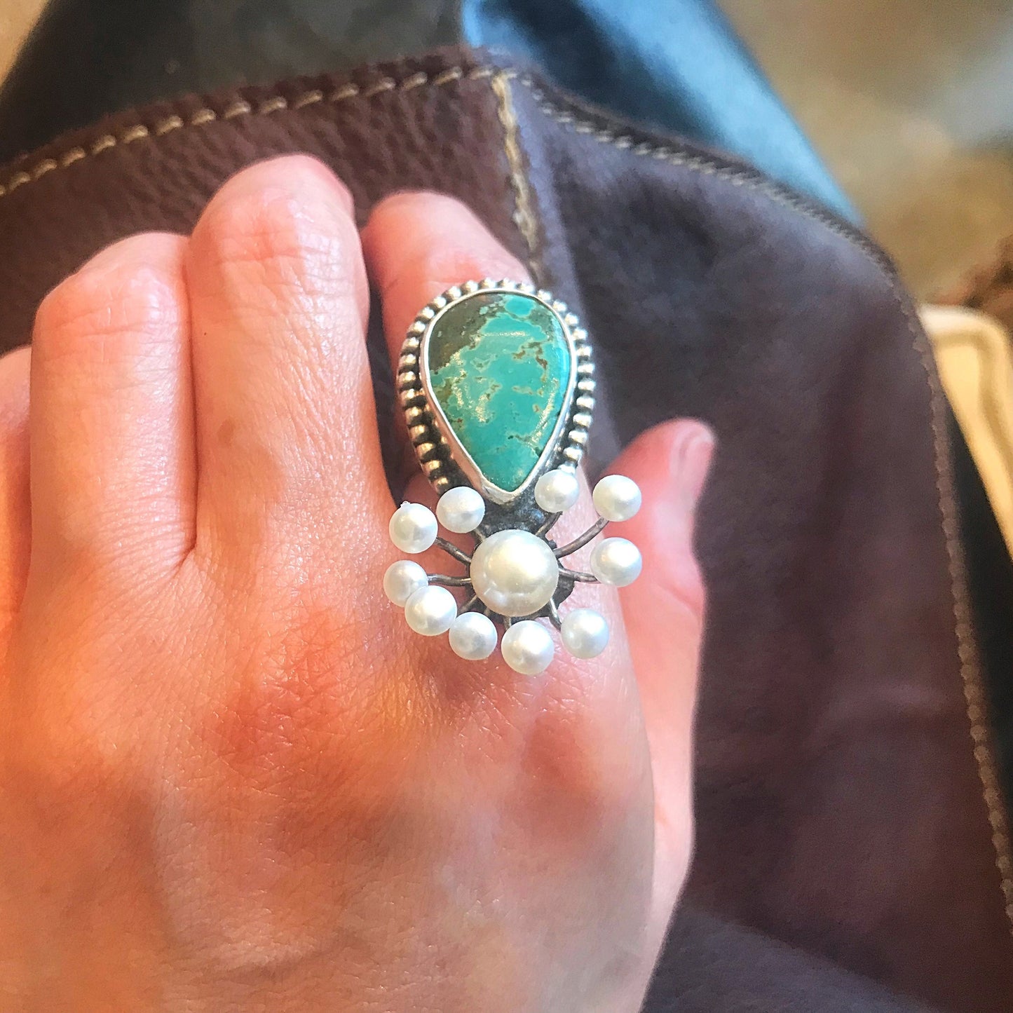 Handmade Sterling Silver Adjustable Genuine Turquoise Pearl Statement Ring