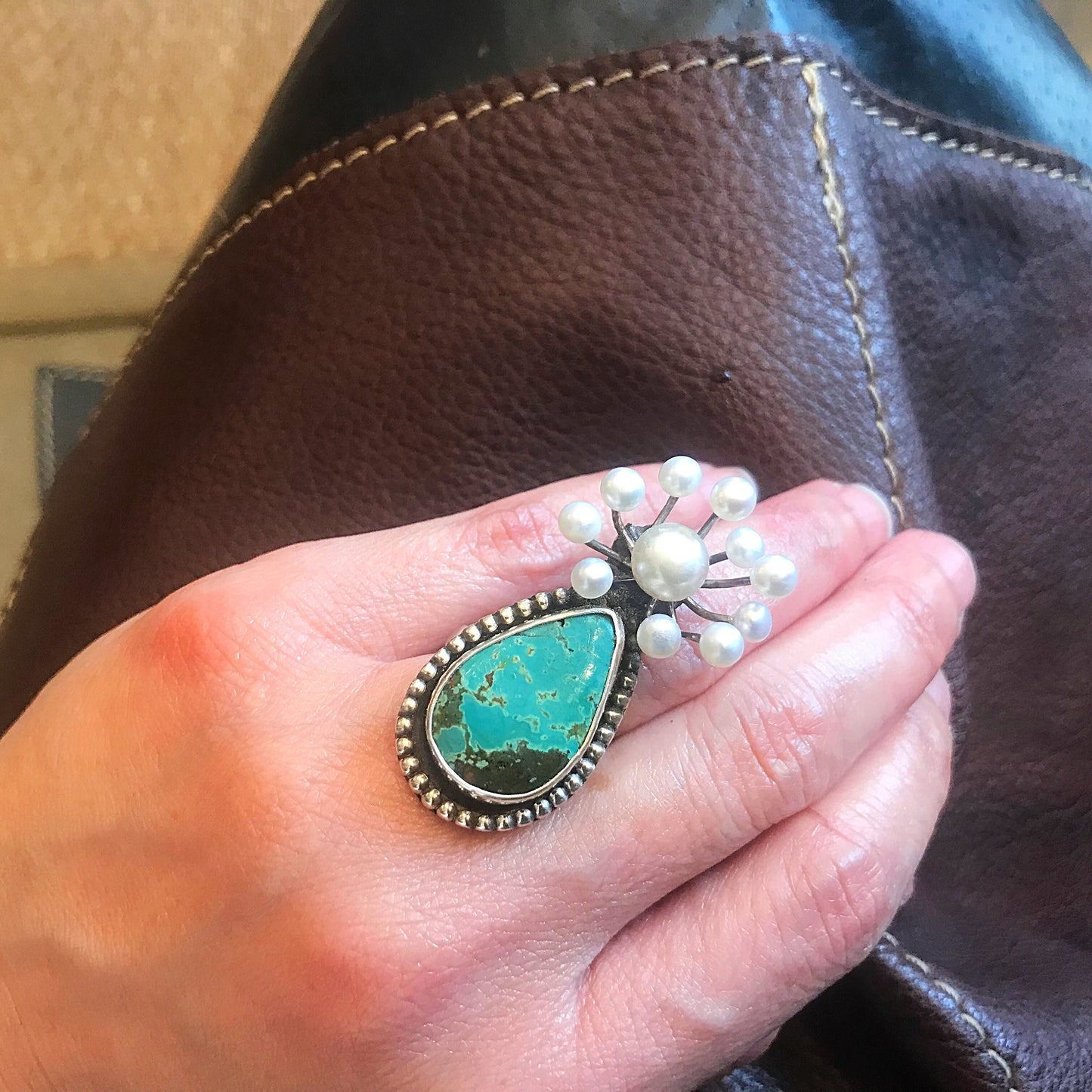 Handmade Sterling Silver Adjustable Genuine Turquoise Pearl Statement Ring
