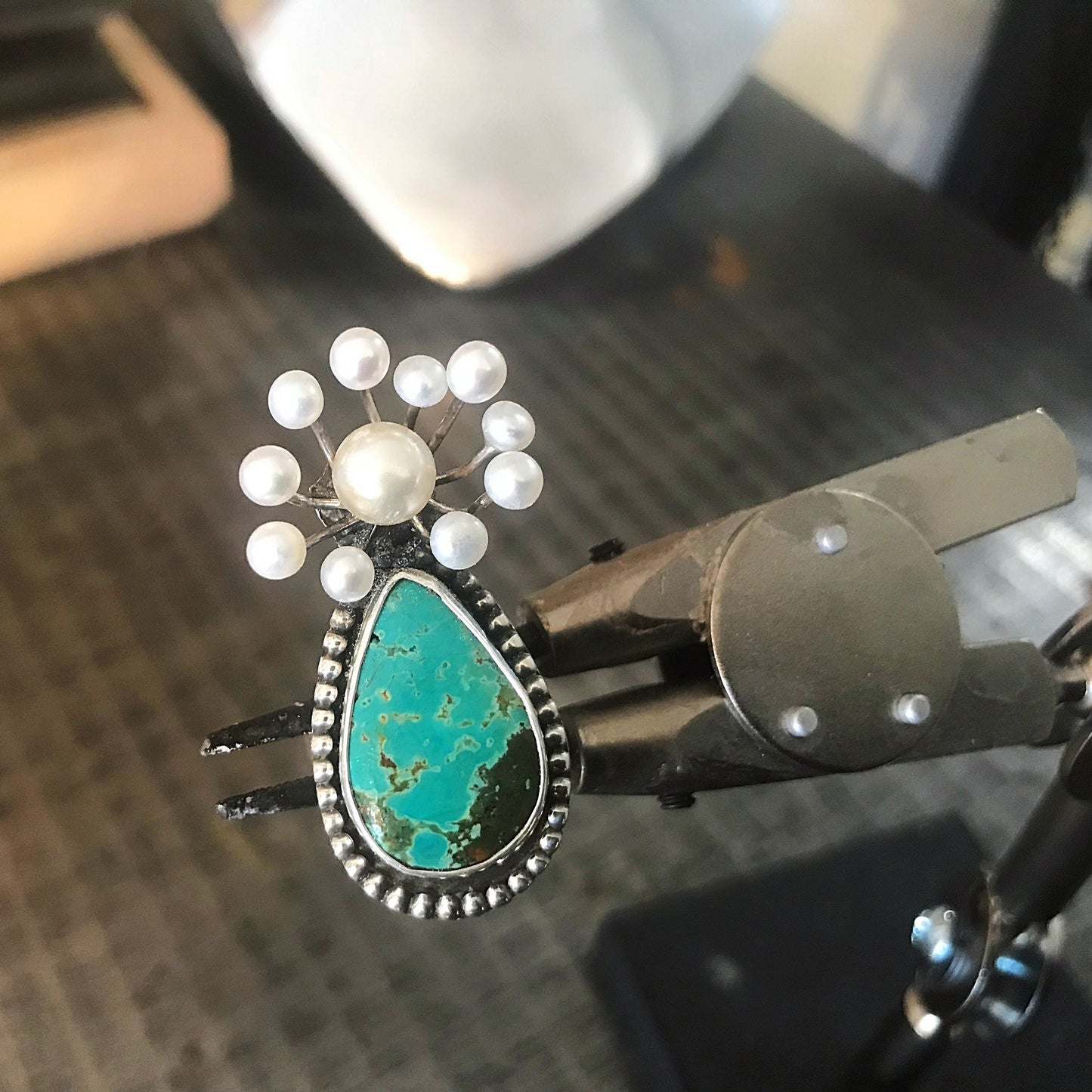 Handmade Sterling Silver Adjustable Genuine Turquoise Pearl Statement Ring