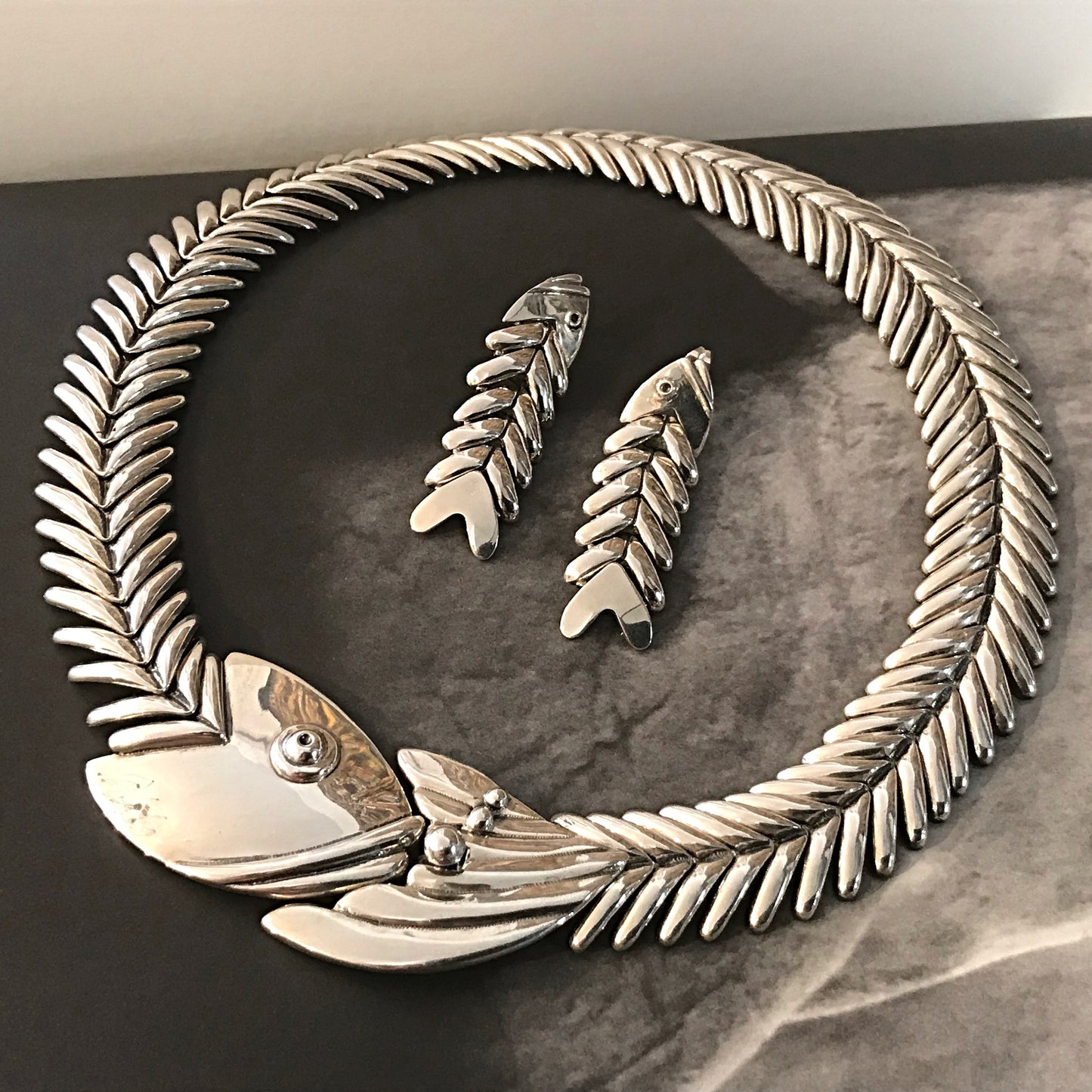 Sterling silver statement fish necklace handmade  Modernist necklace collar.
