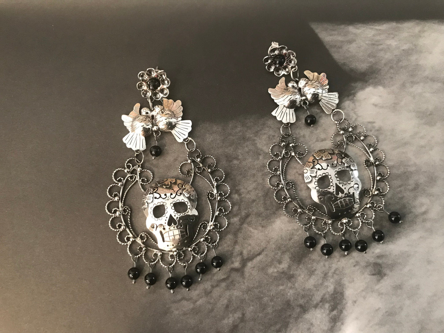 sterling silver Black Onyx Skull Statement Earrings