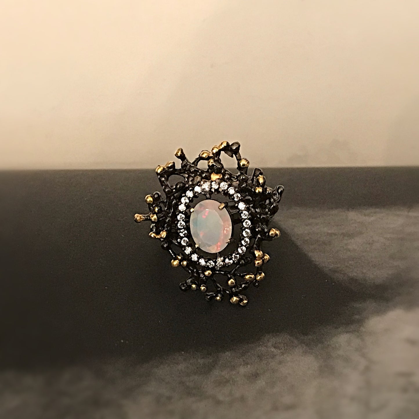 Genuine Natural opal CZ abstract Sterling Silver artisan statement ring 7.5