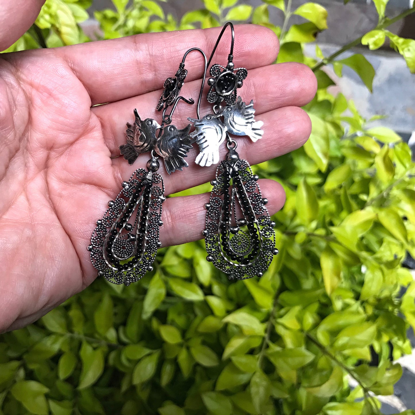 Artisan  Handmade Sterling Silver Love birds black onyx  filigree  statement  bohemian  earrings