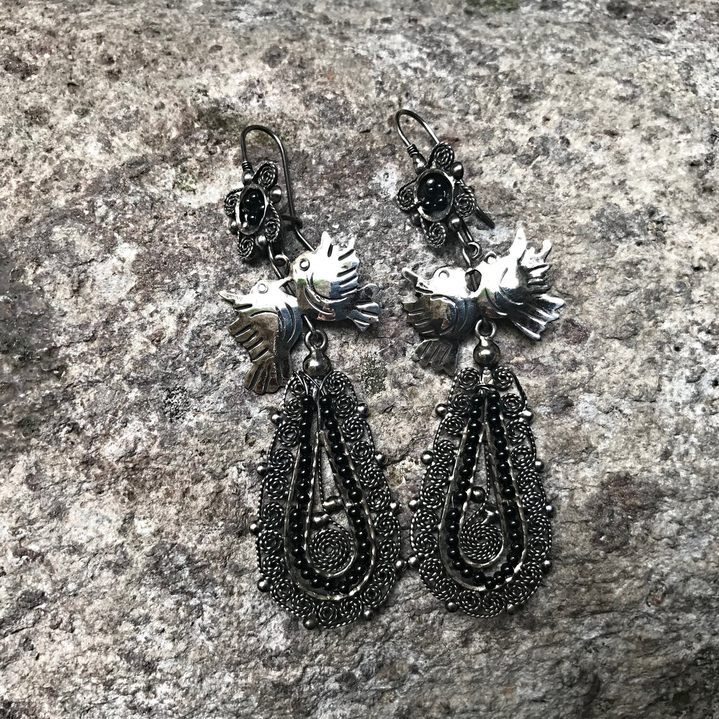 Artisan  Handmade Sterling Silver Love birds black onyx  filigree  statement  bohemian  earrings