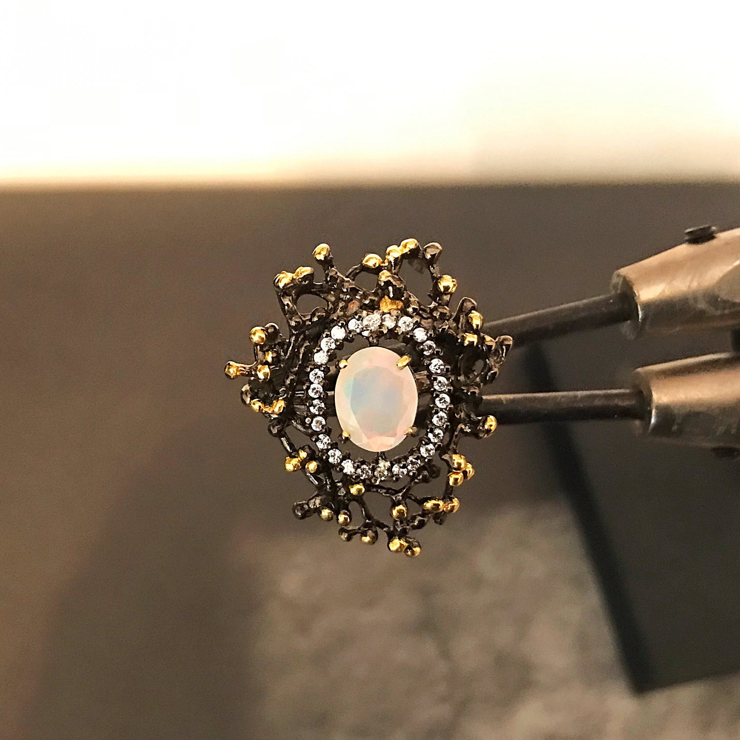 Genuine Natural opal CZ abstract Sterling Silver artisan statement ring 7.5
