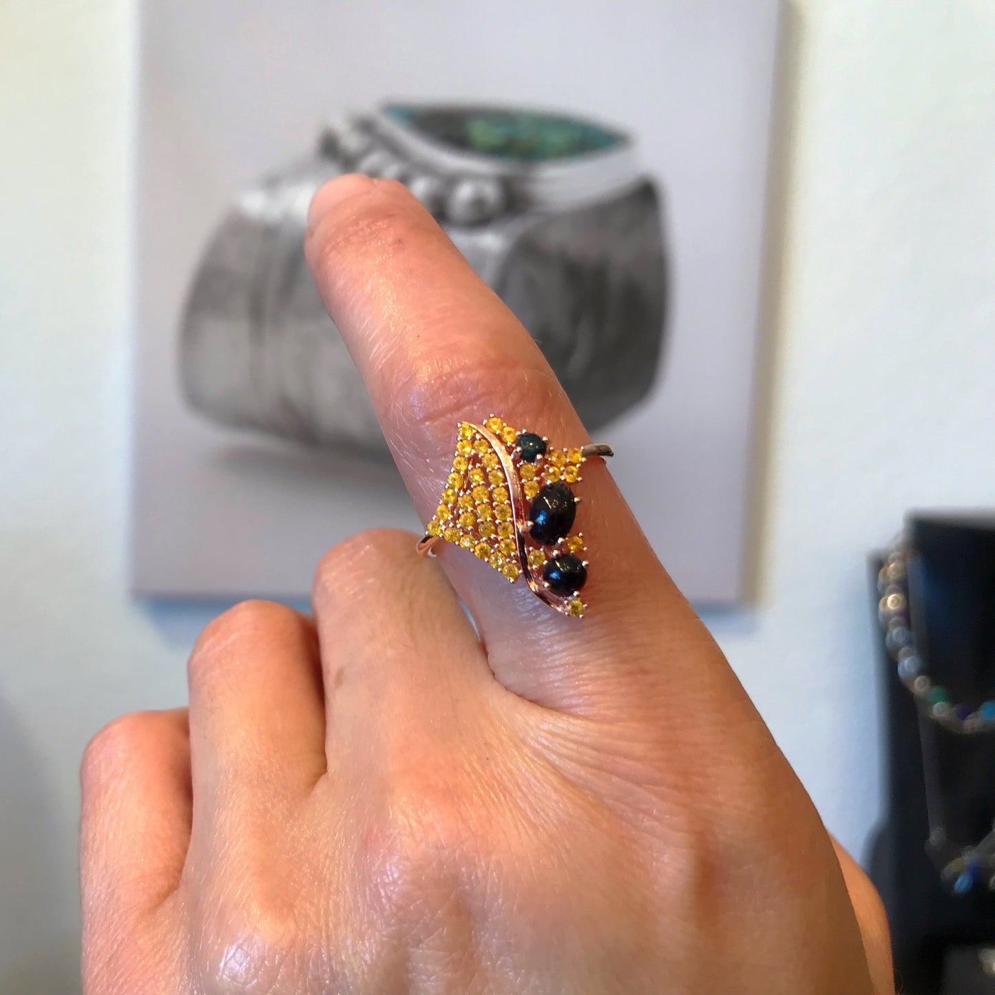 Artisan handmade natural black opals and CZ yellow Nano sterling silver rose gold ring 8.5