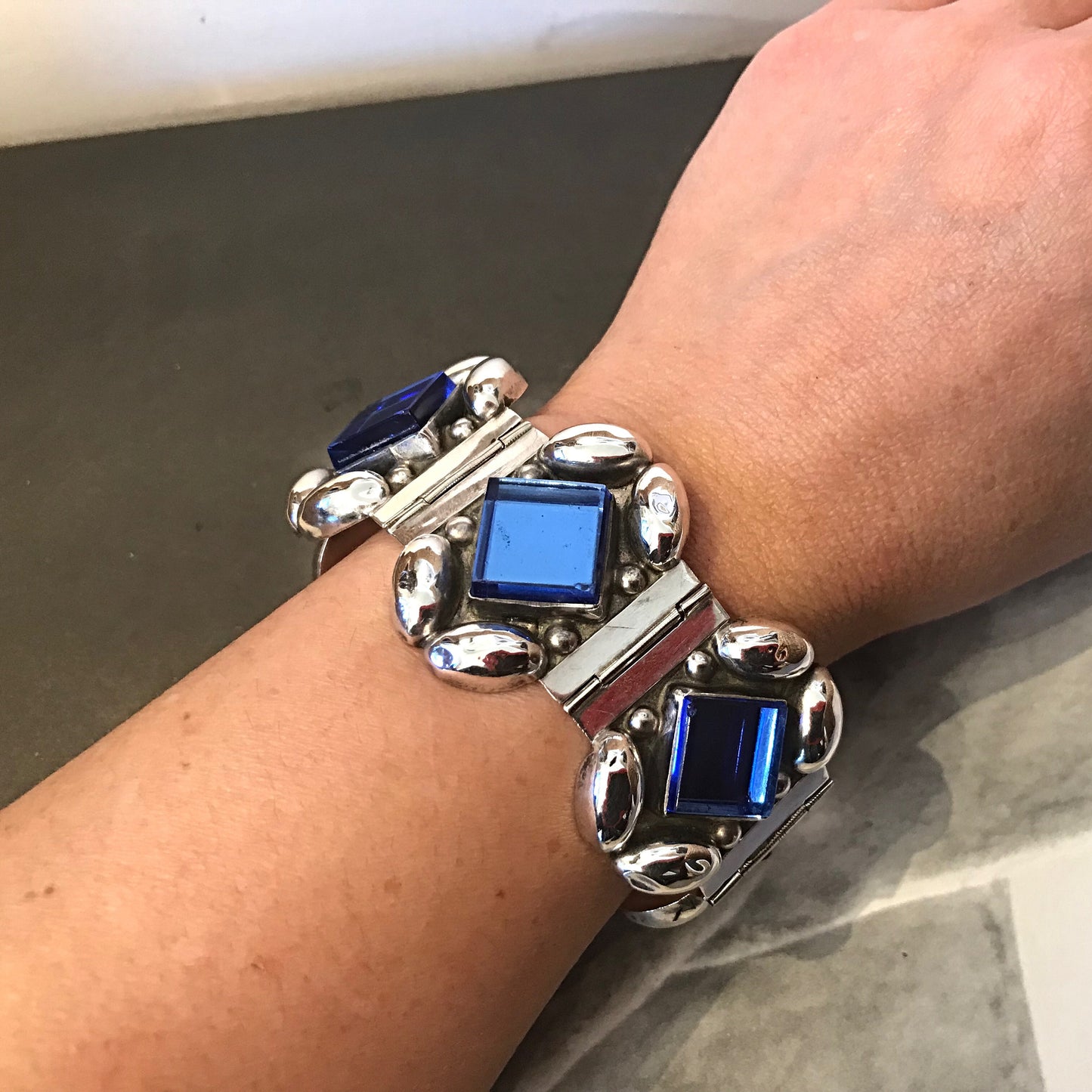 Handmade Sterling Silver Vintage Blue Glass bracelet statement Artisan