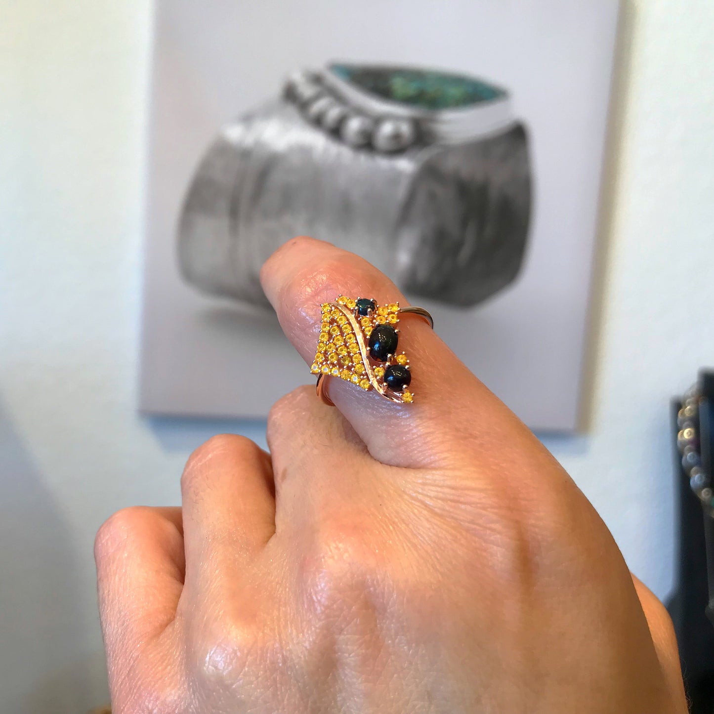 Artisan handmade natural black opals and CZ yellow Nano sterling silver rose gold ring 8.5