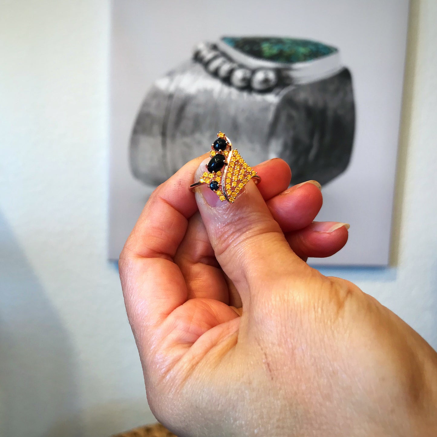 Artisan handmade natural black opals and CZ yellow Nano sterling silver rose gold ring 8.5