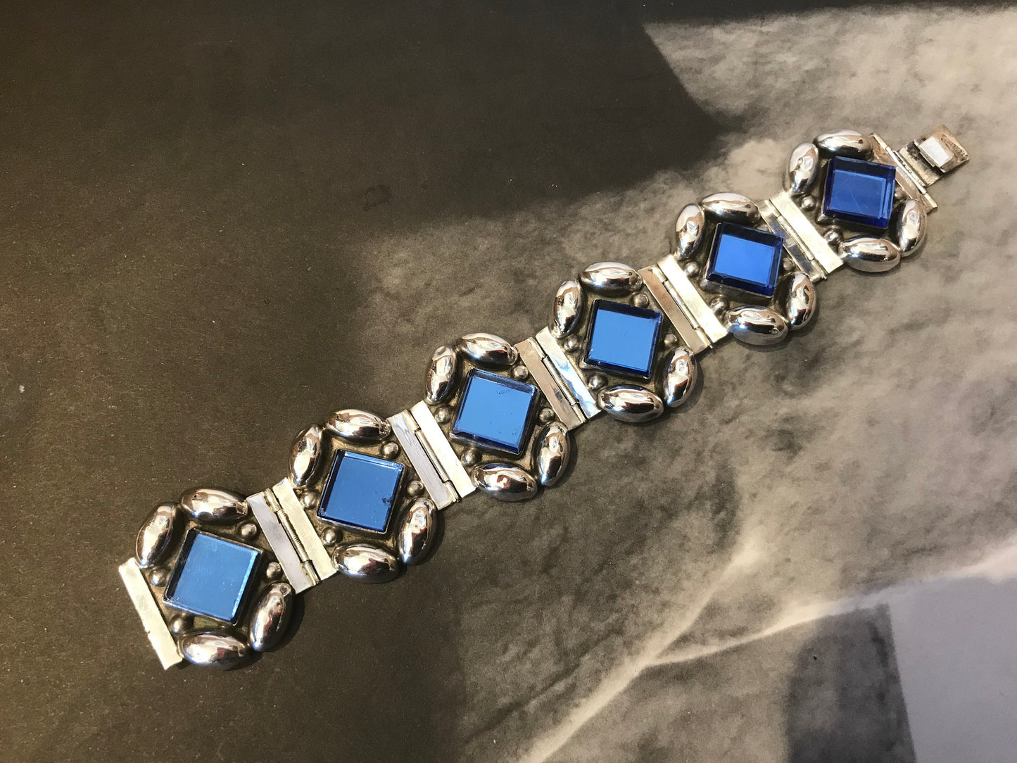 Handmade Sterling Silver Vintage Blue Glass bracelet statement Artisan