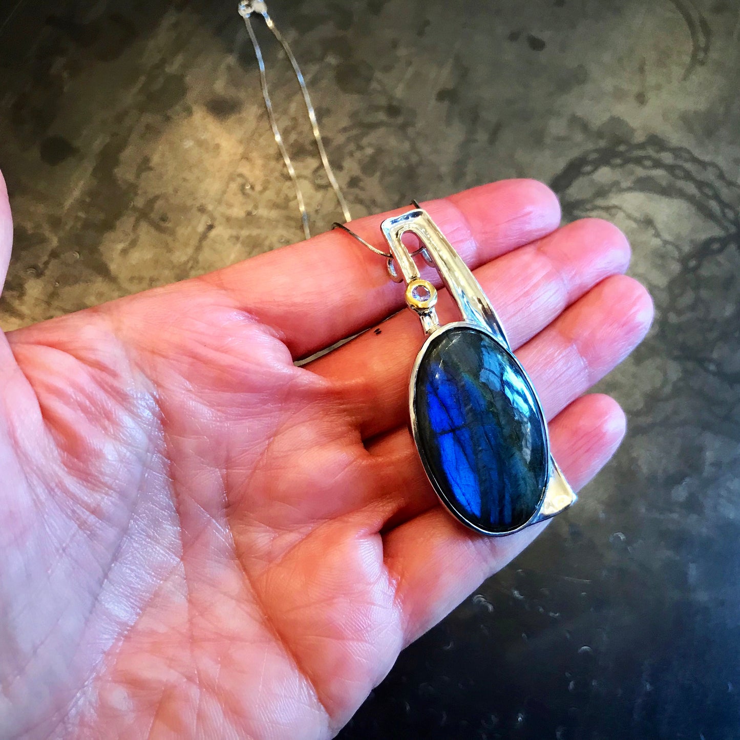 Sterling Silver Labradorite Amethyst Modernist Modern Abstract Pendant Necklace