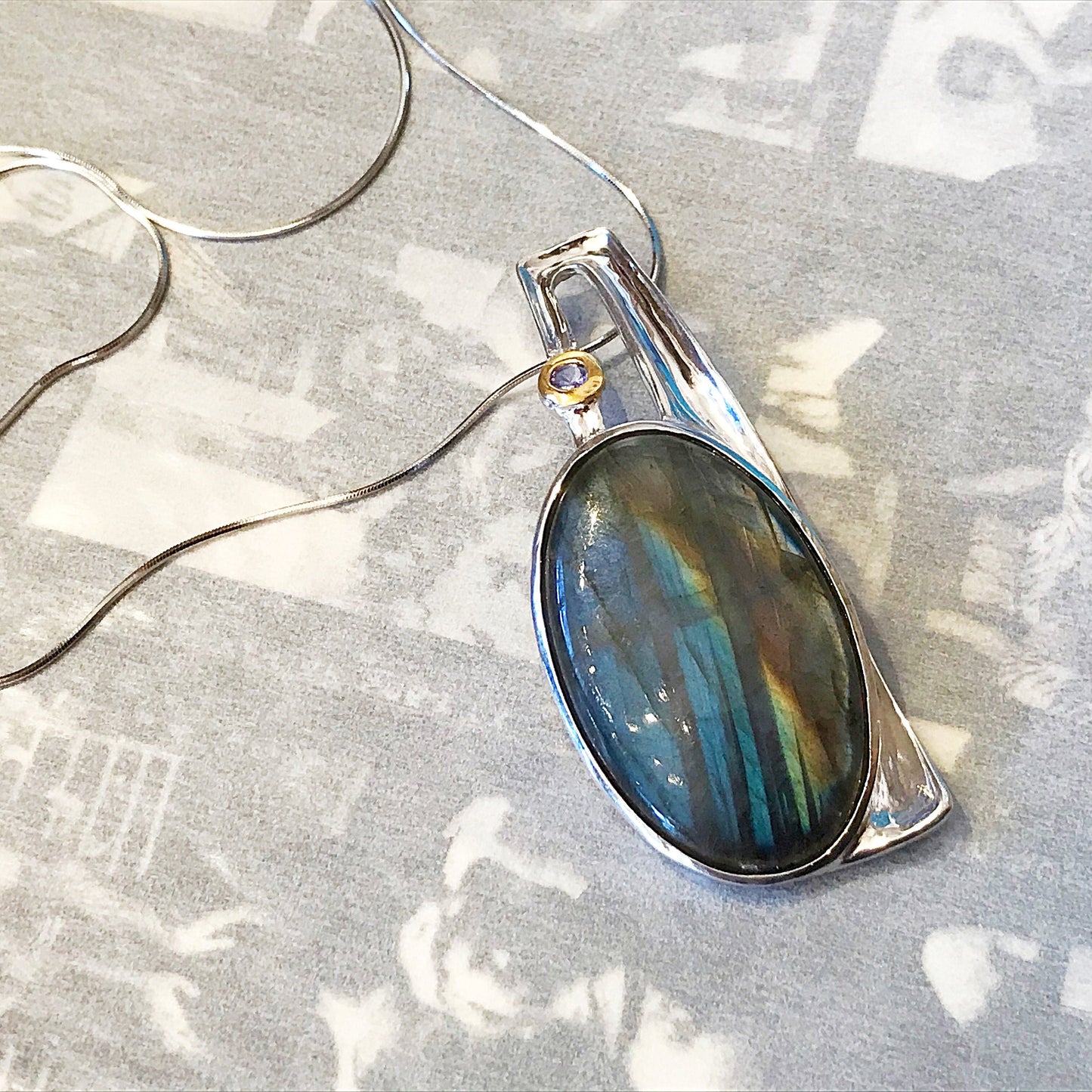 Sterling Silver Labradorite Amethyst Modernist Modern Abstract Pendant Necklace
