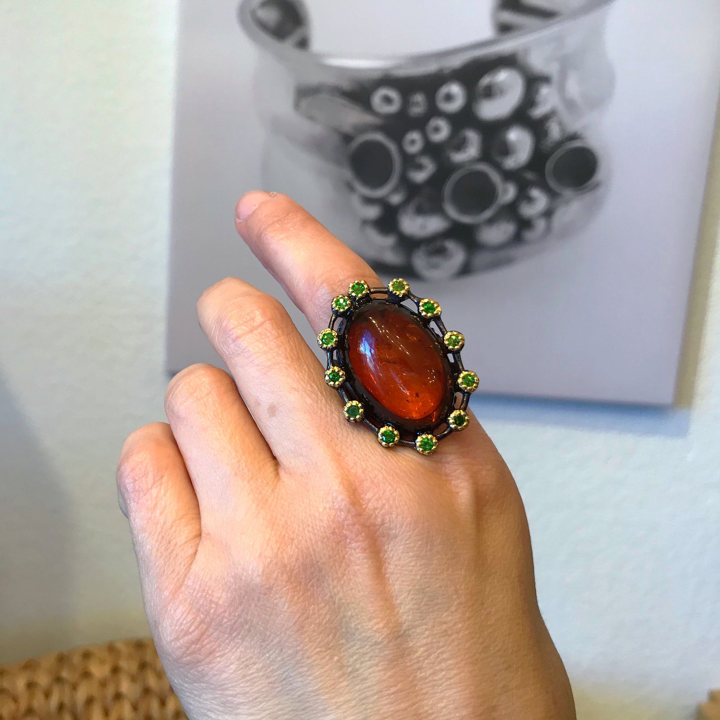 Handmade sterling silver Abstract Huge Natural Amber Rhodolite statement Ring 8.5