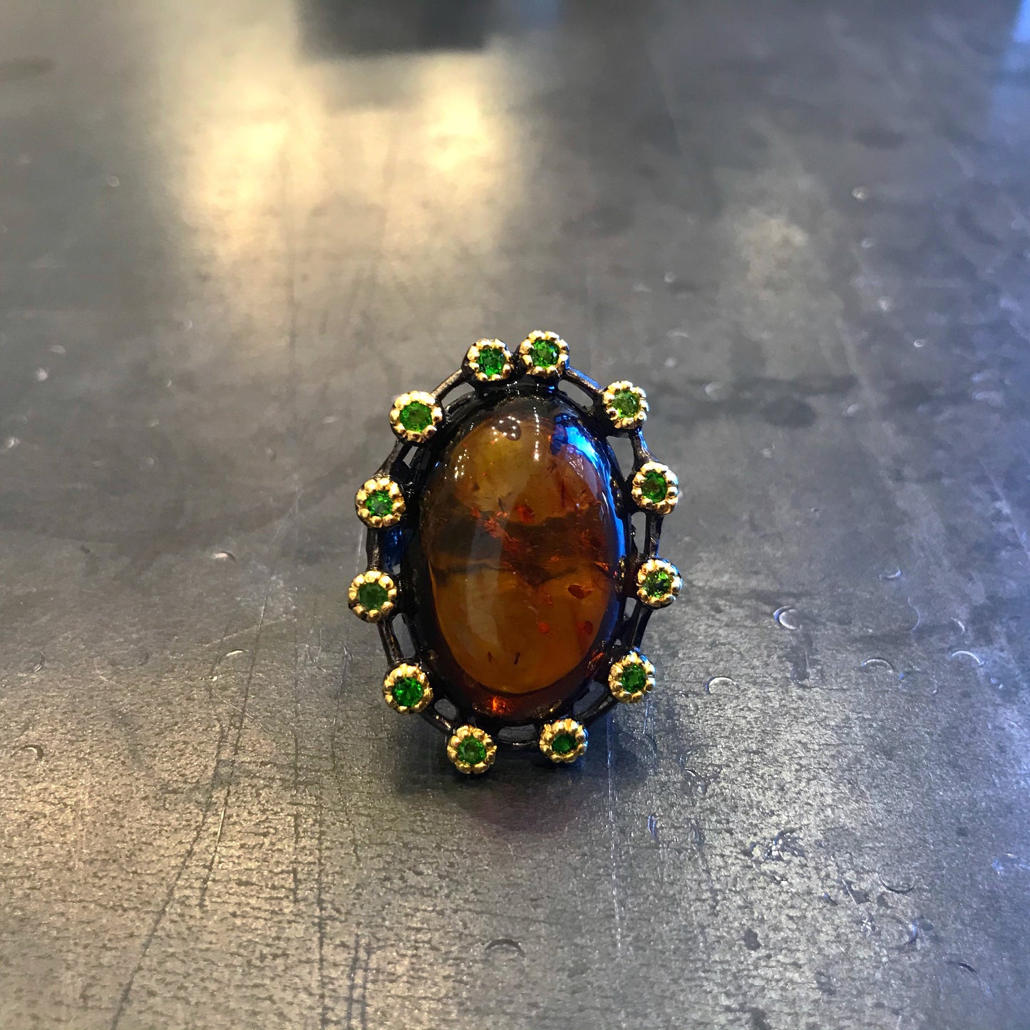 Handmade sterling silver Abstract Huge Natural Amber Rhodolite statement Ring 8.5