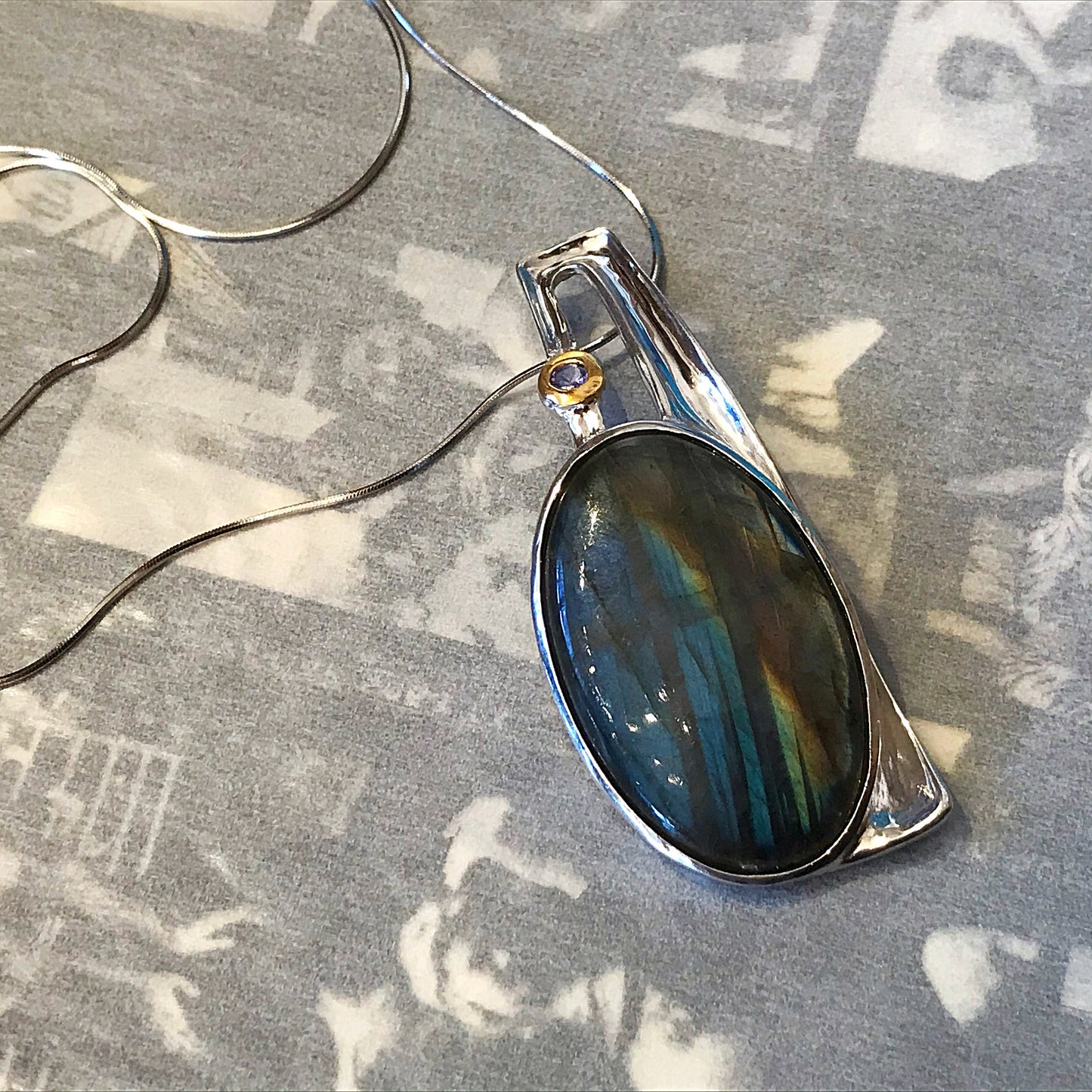 Sterling Silver Labradorite Amethyst Modernist Modern Abstract Pendant Necklace