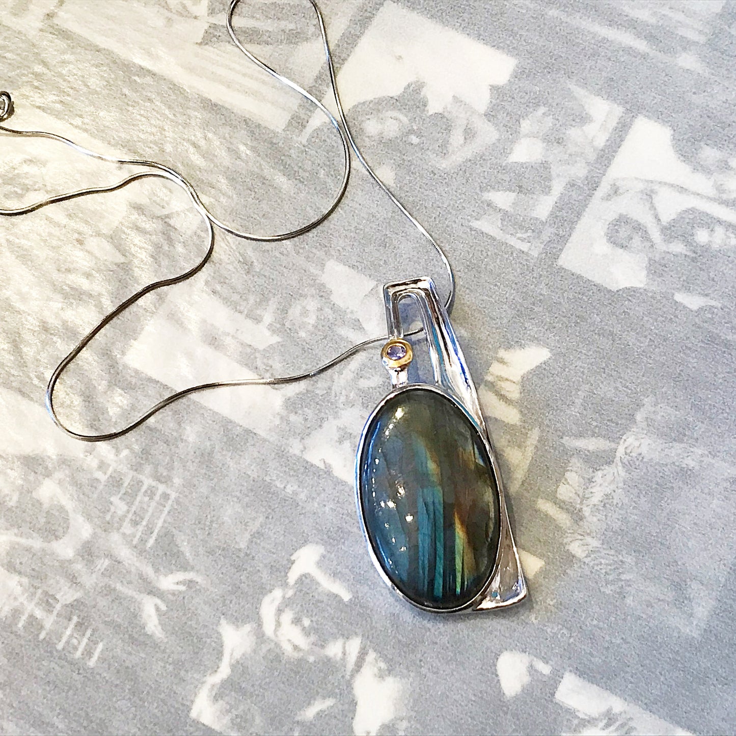 Sterling Silver Labradorite Amethyst Modernist Modern Abstract Pendant Necklace