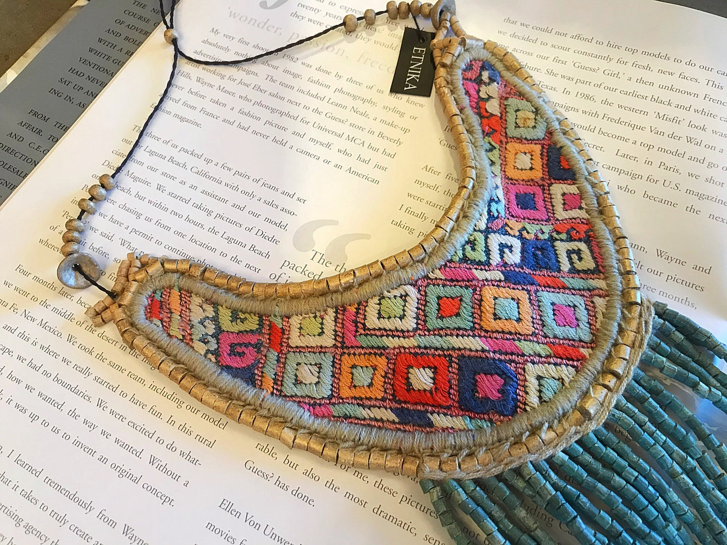 Guipil Textile Runway Statement Green Artisan Studio Long Ethnic Necklace