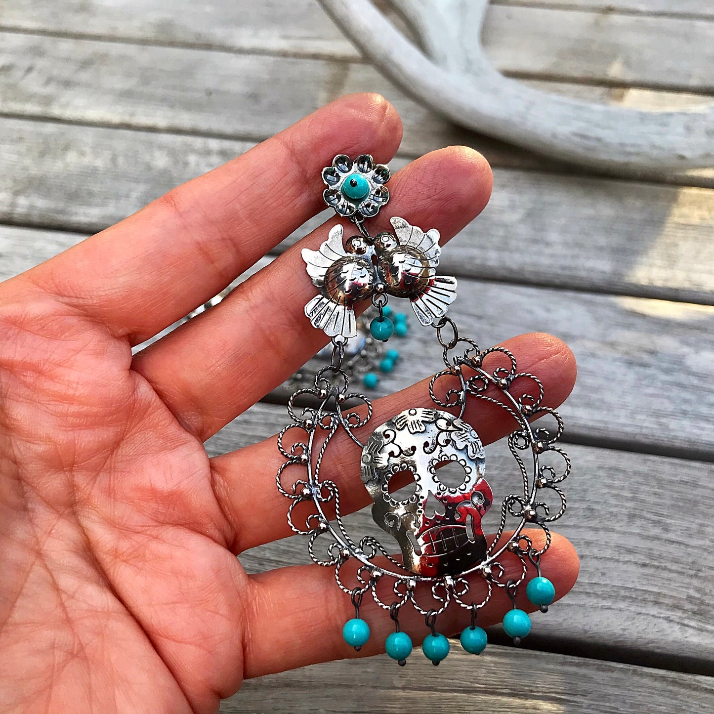 sterling silver Genuine Turquoise Skull Katrina Filigree long Statement Earrings Artisan Handmade Frida Kahlo Love birds