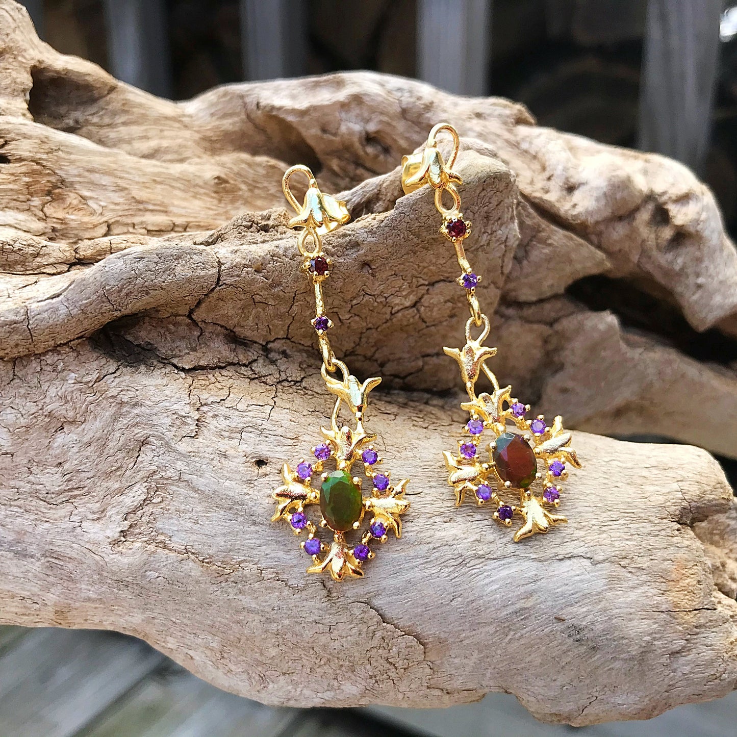 Sterling Silver amethyst Natural orange Opal gold modernist Art Deco Dangle handmade earrings