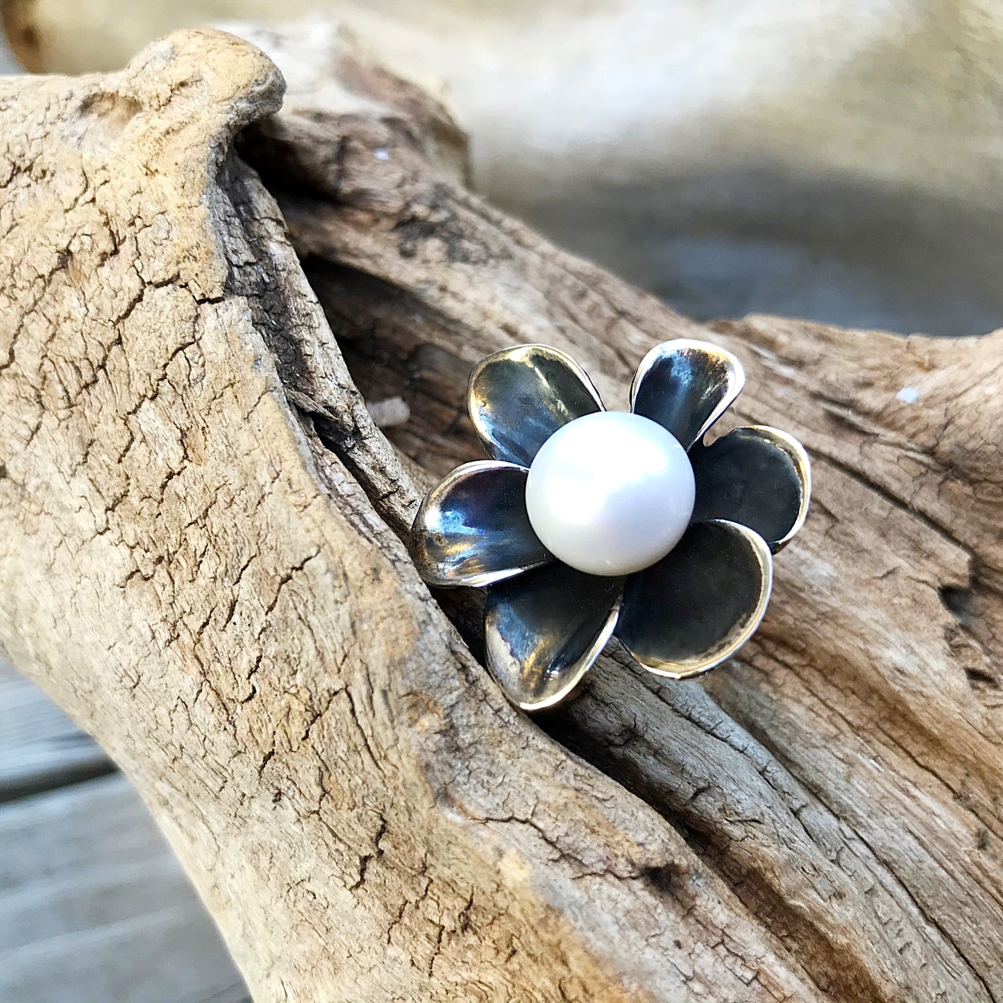 Sterling Silver Flower white genuine pearl Handmade artisan ring adjustable