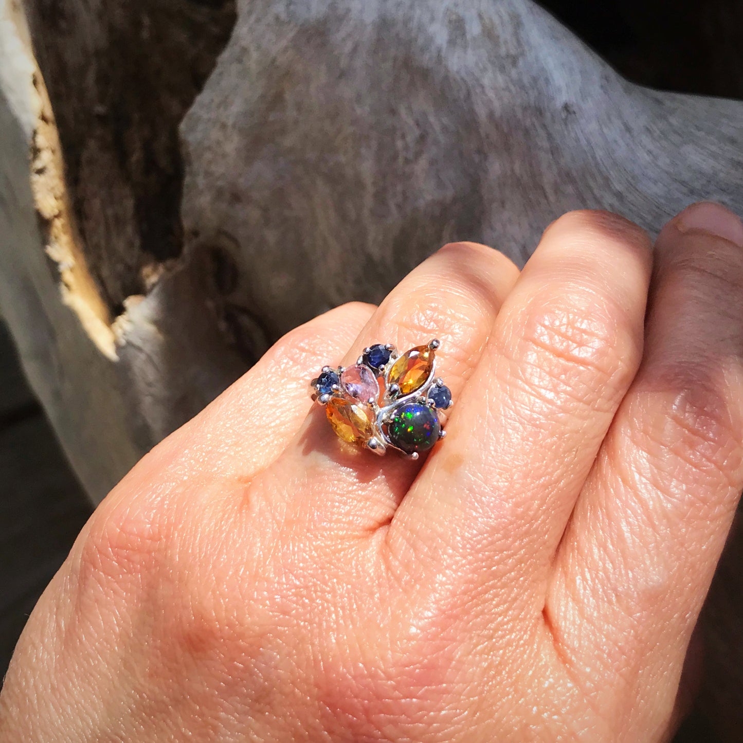 Handmade Sterling Silver Natural Black fire opal Citrine Sapphire tourmaline Ring 8