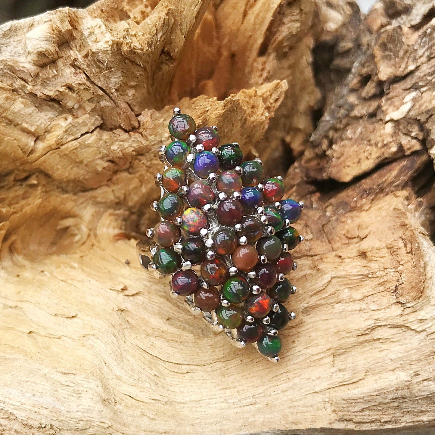 Handmade Sterling Silver rainbow black Fire Opal statement artisan ring 7