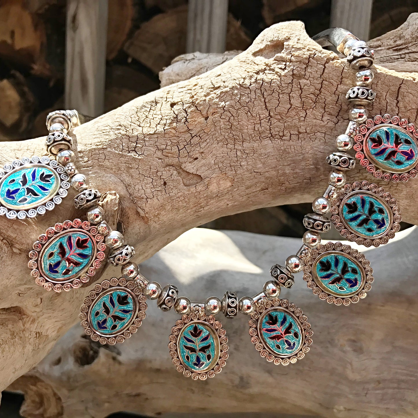Sterling silver Enamel Flower Blue Vintage Statement OOAK Artful necklace collar Choker