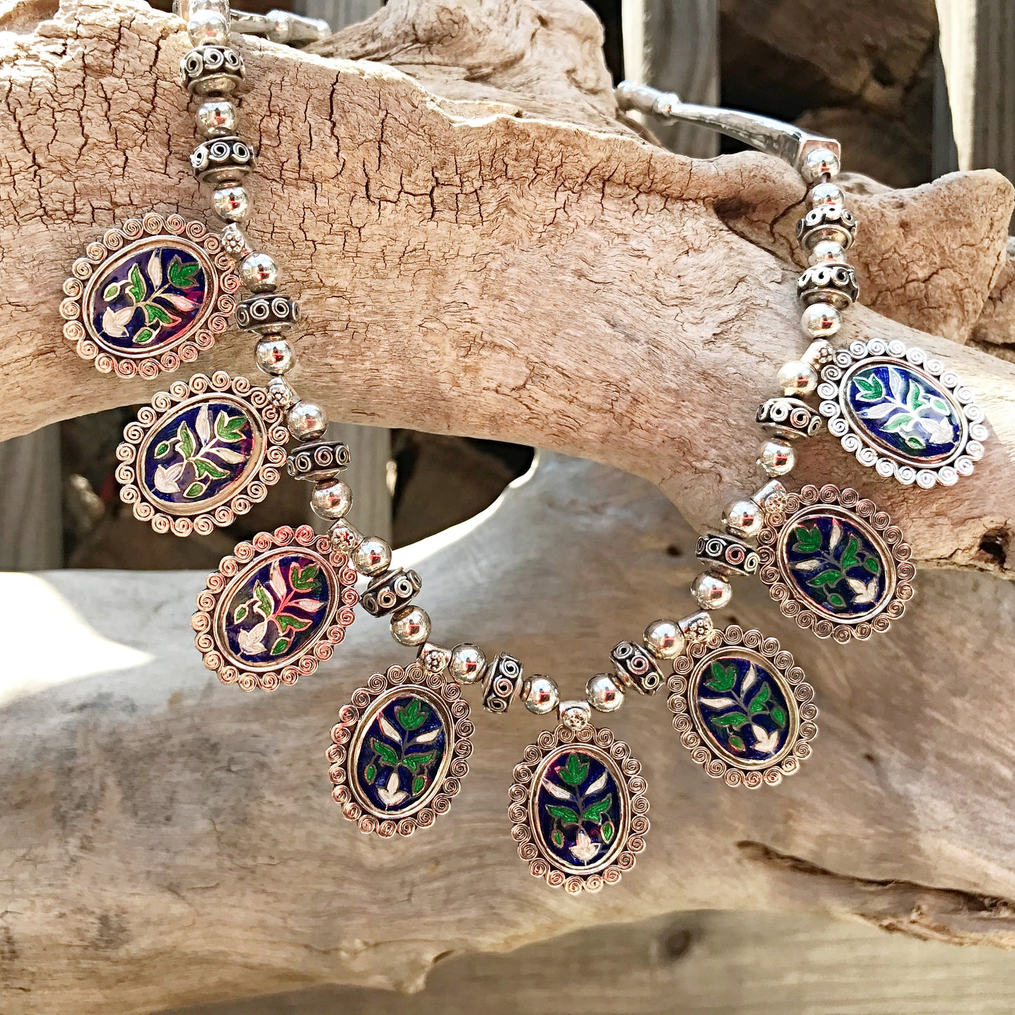 Sterling silver Enamel Flower Blue Vintage Statement OOAK Artful bohemian Romantic necklace collar Choker