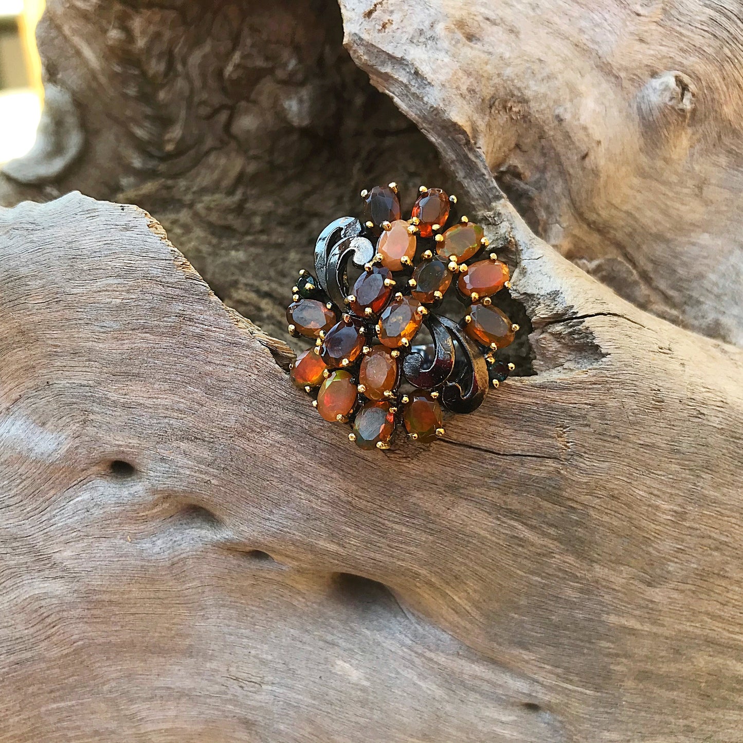 Sterling Silver Orange Rainbow Natural Opal statement Handmade Ring 7.5