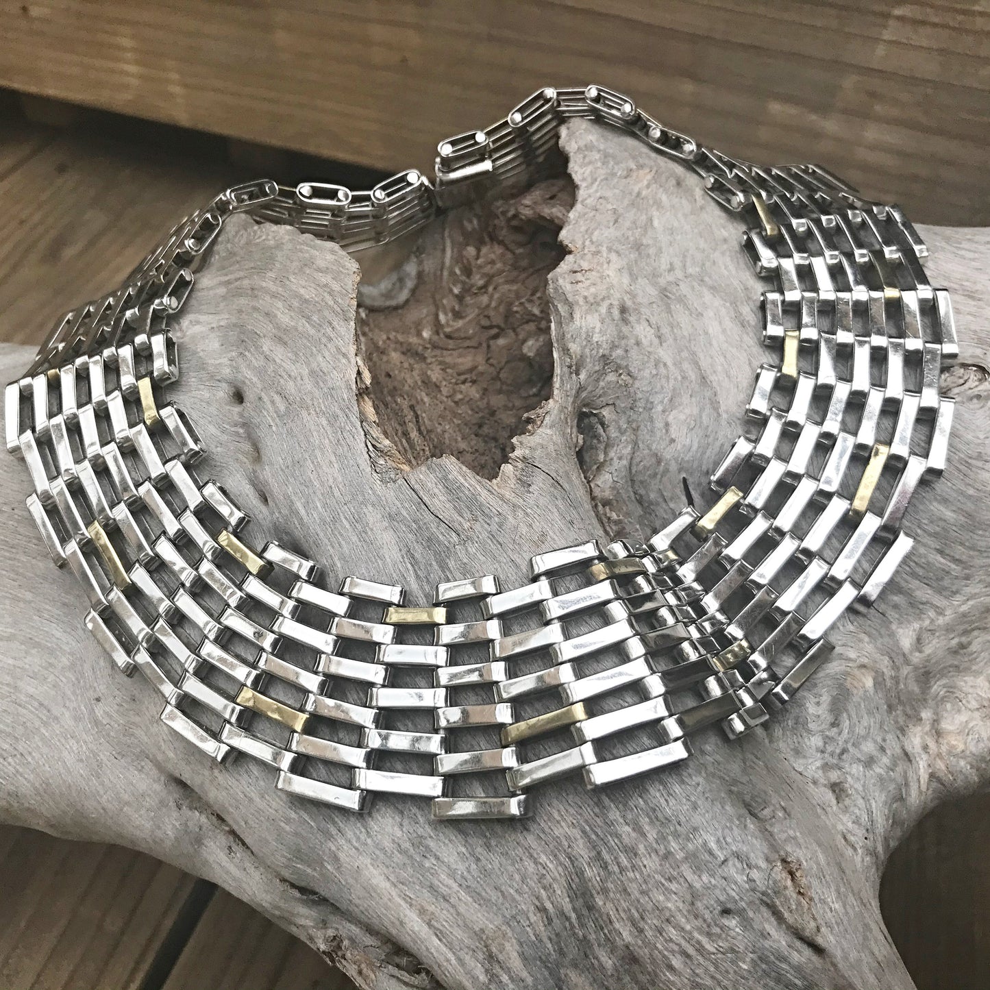 Sterling silver and brass statement runway handmade modernist choker necklace collar