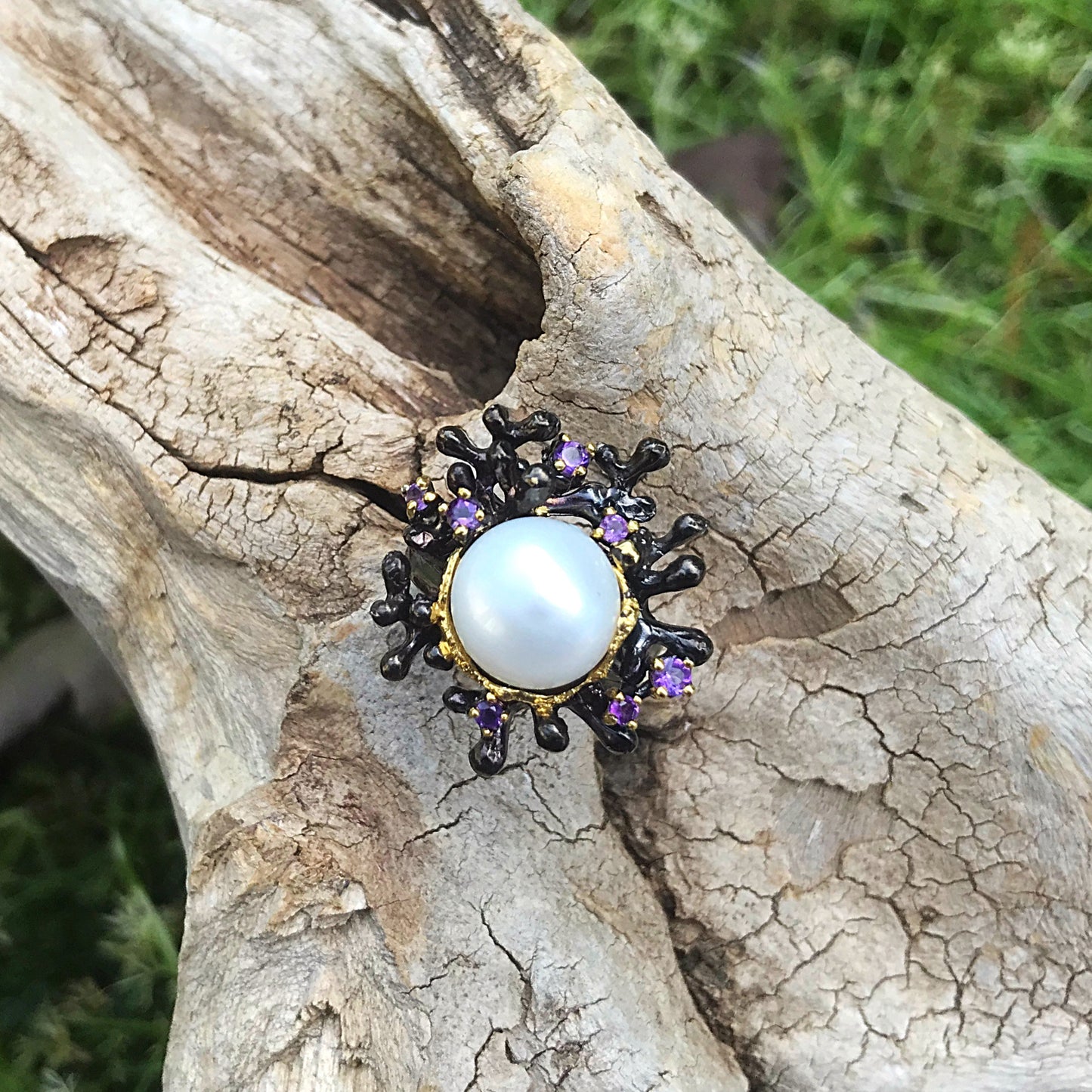 925 sterling silver brutalist abstract White natural pearl amethyst ring 7.5