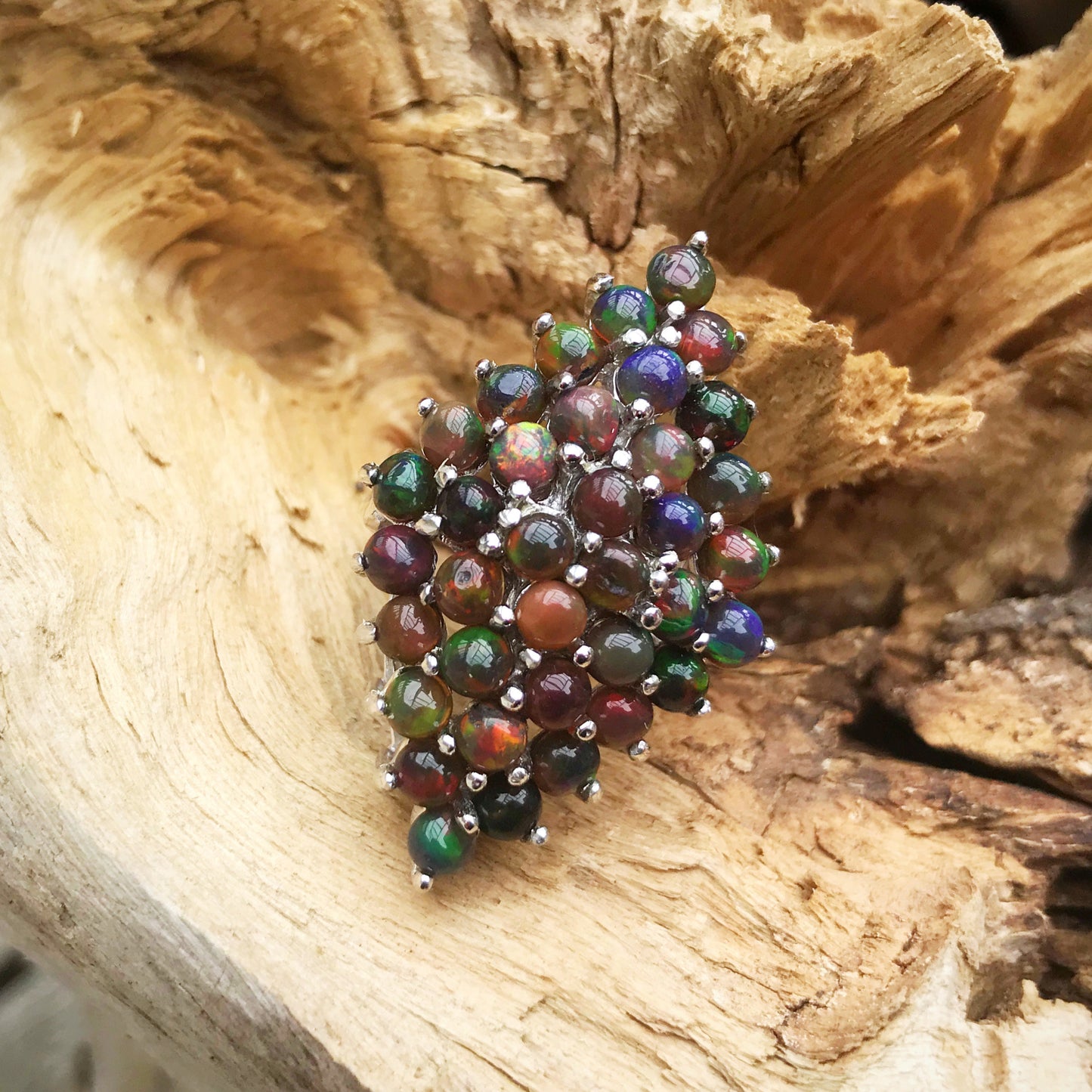 Handmade Sterling Silver rainbow black Fire Opal statement artisan ring 7