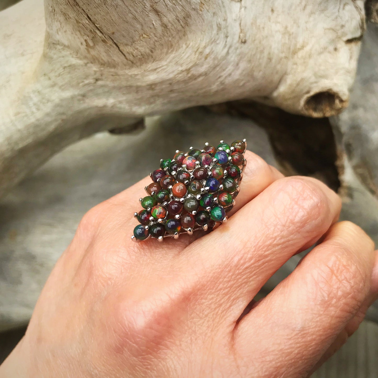 Handmade Sterling Silver rainbow black Fire Opal statement artisan ring 7