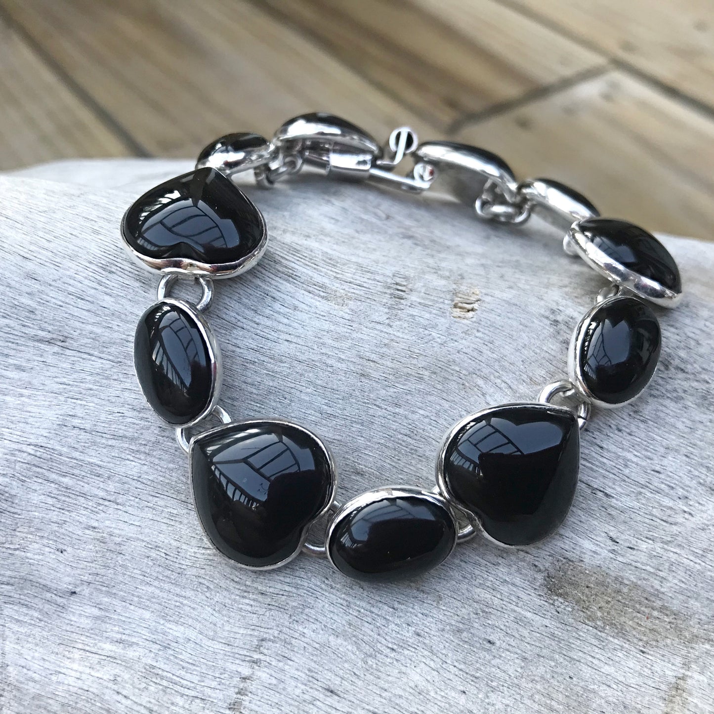 925 sterling silver heart black onyx taxco vintage Bracelet artisan