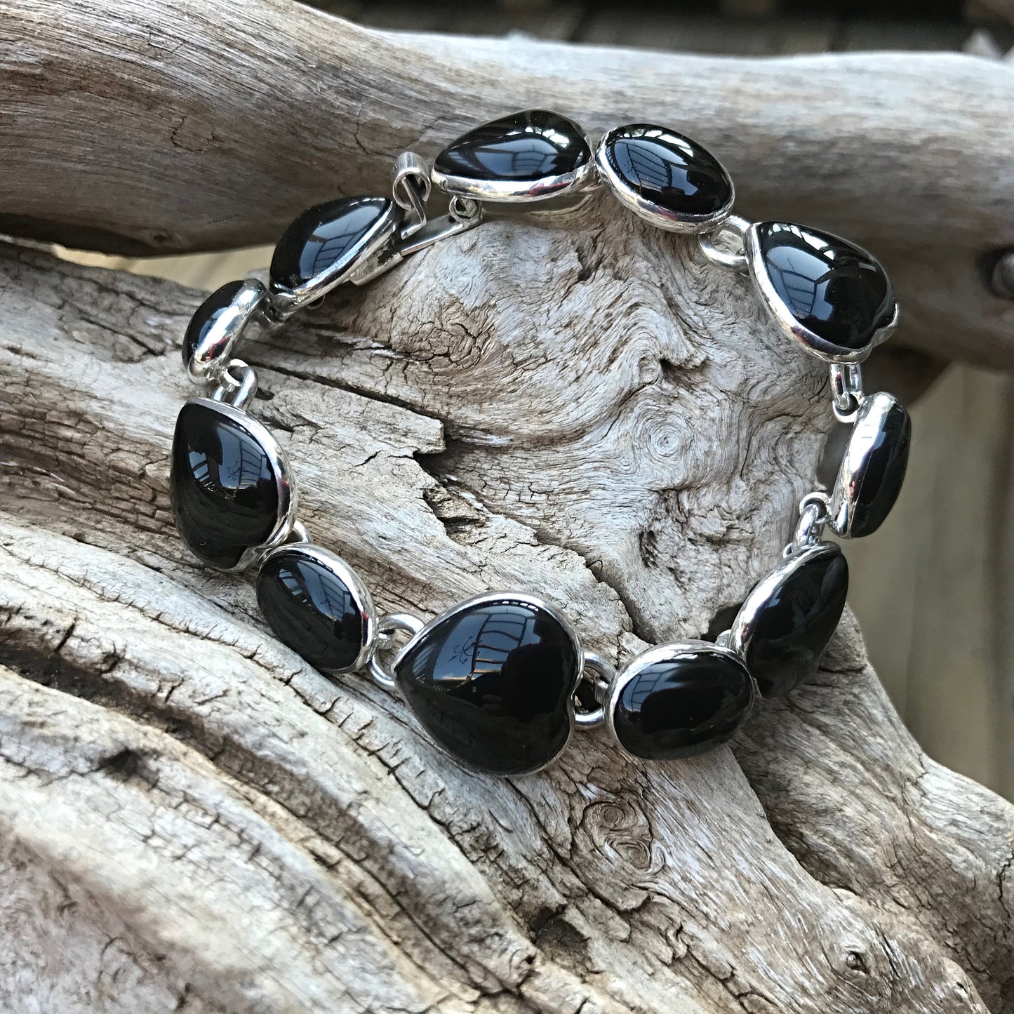 925 sterling silver heart black onyx taxco vintage Bracelet artisan