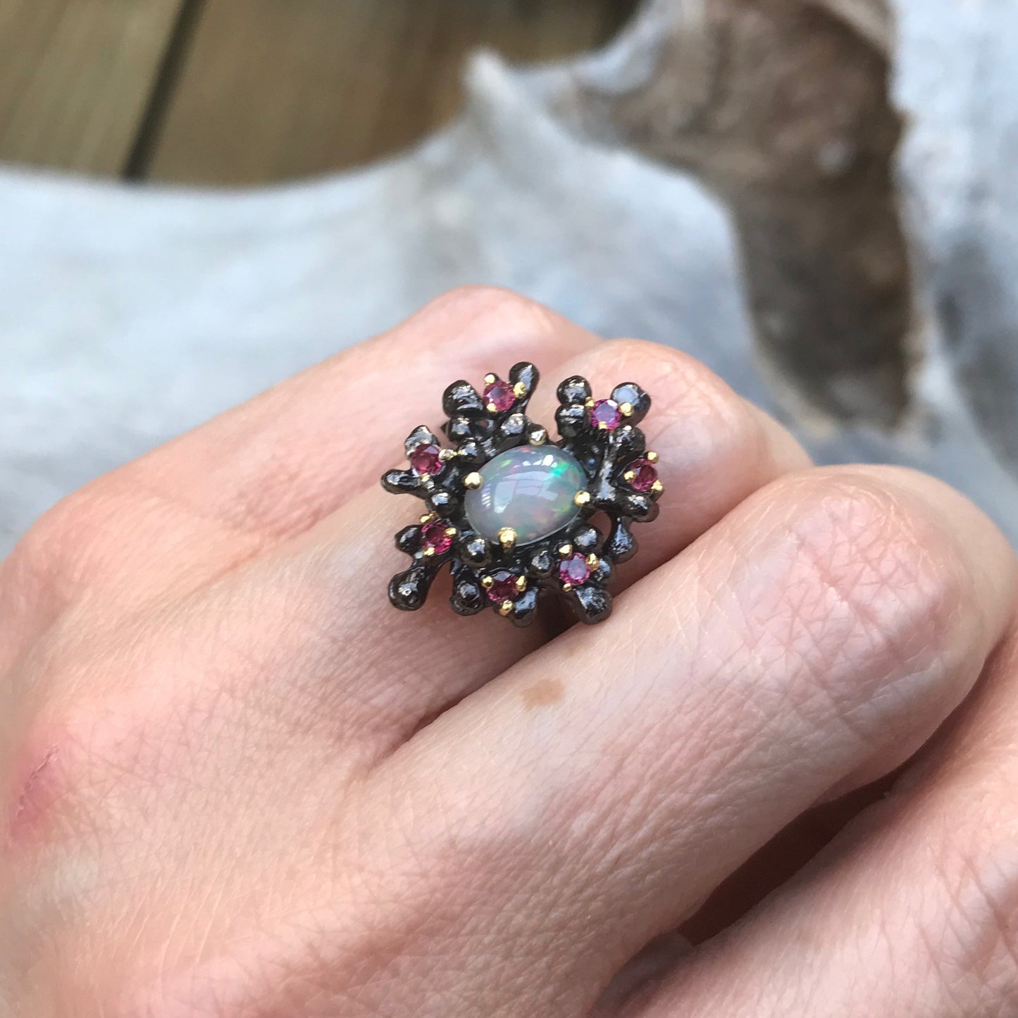 Sterling Silver artisan statement natural rainbow opal and red rhodolite ring 6.5 Handmade