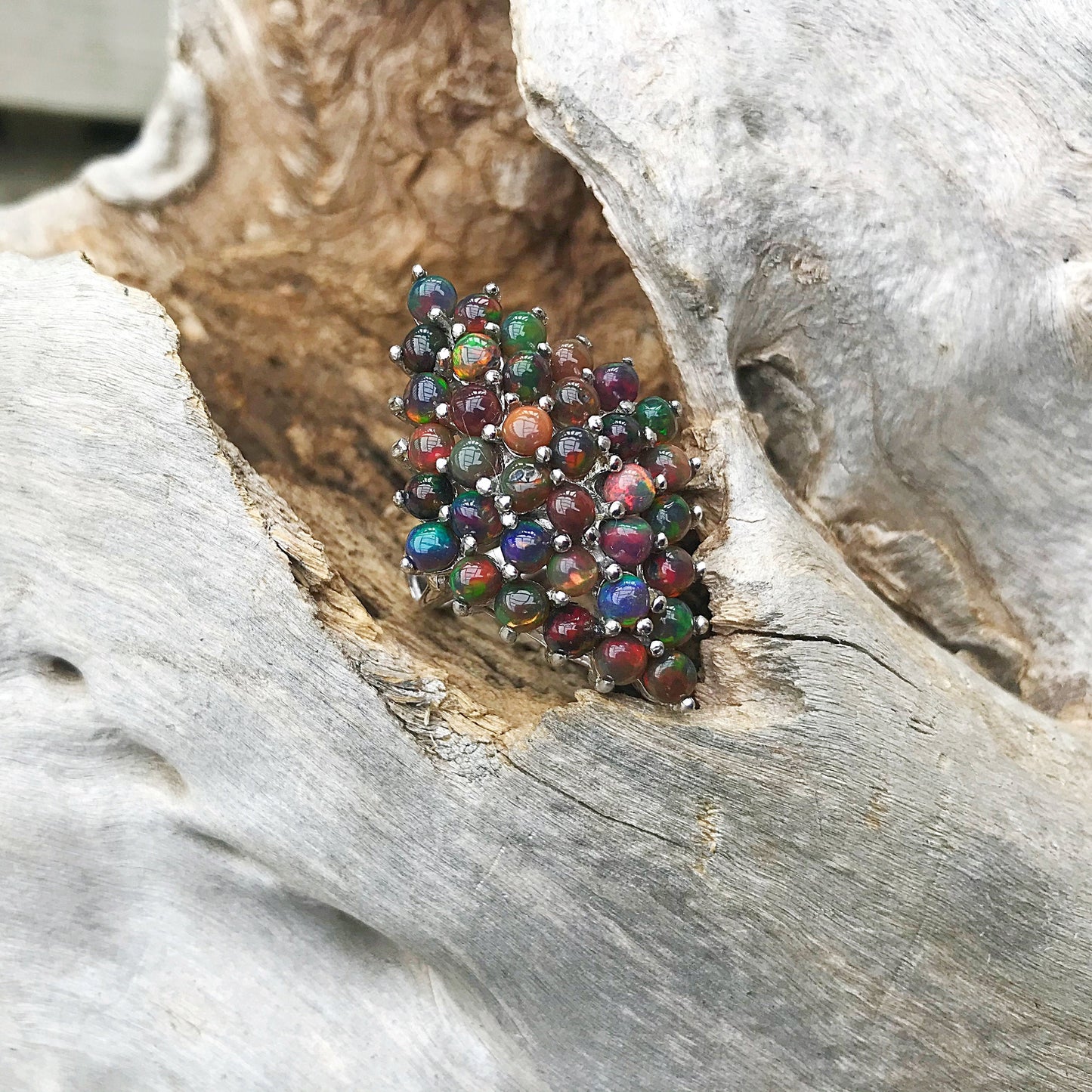 Handmade Sterling Silver rainbow black Fire Opal statement artisan ring 7