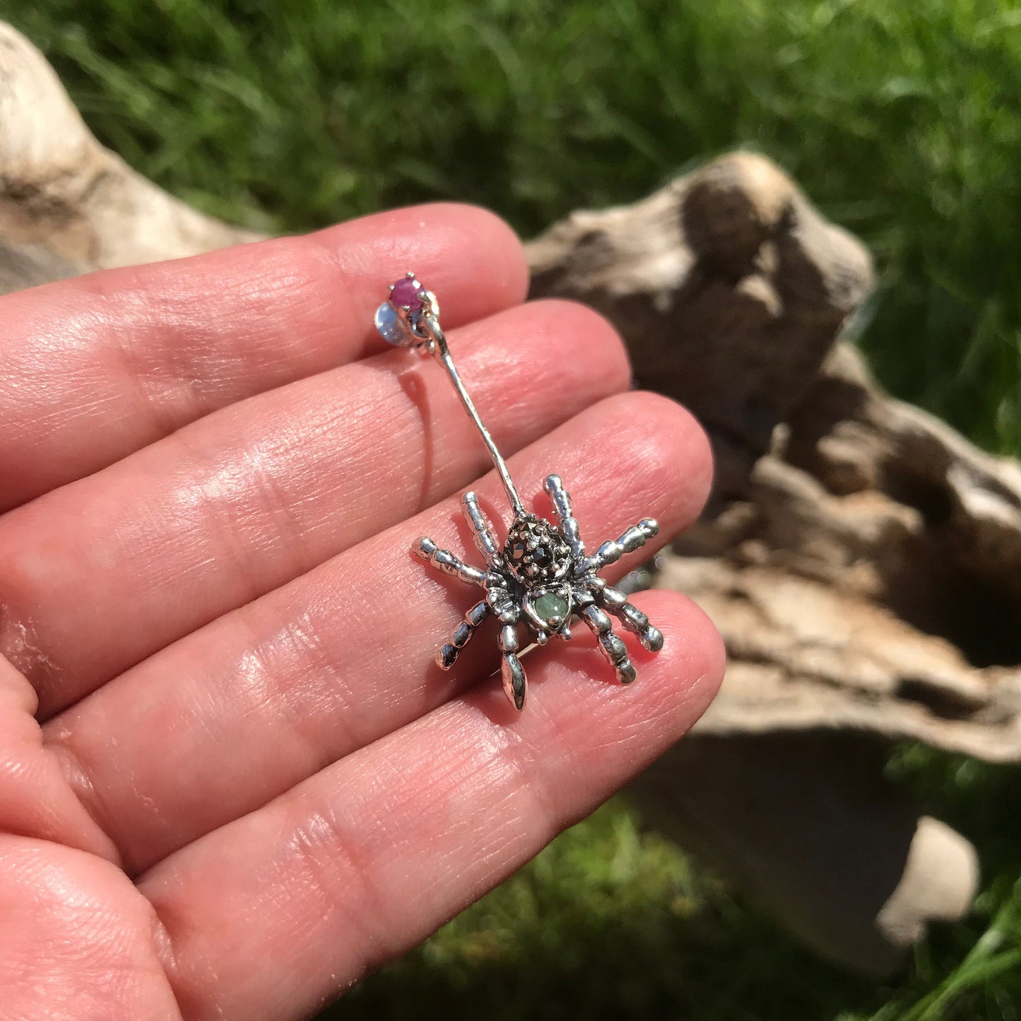 Artisan Handmade Sterling Silver Spider Marcasite ruby emerald stud dangle  earrings