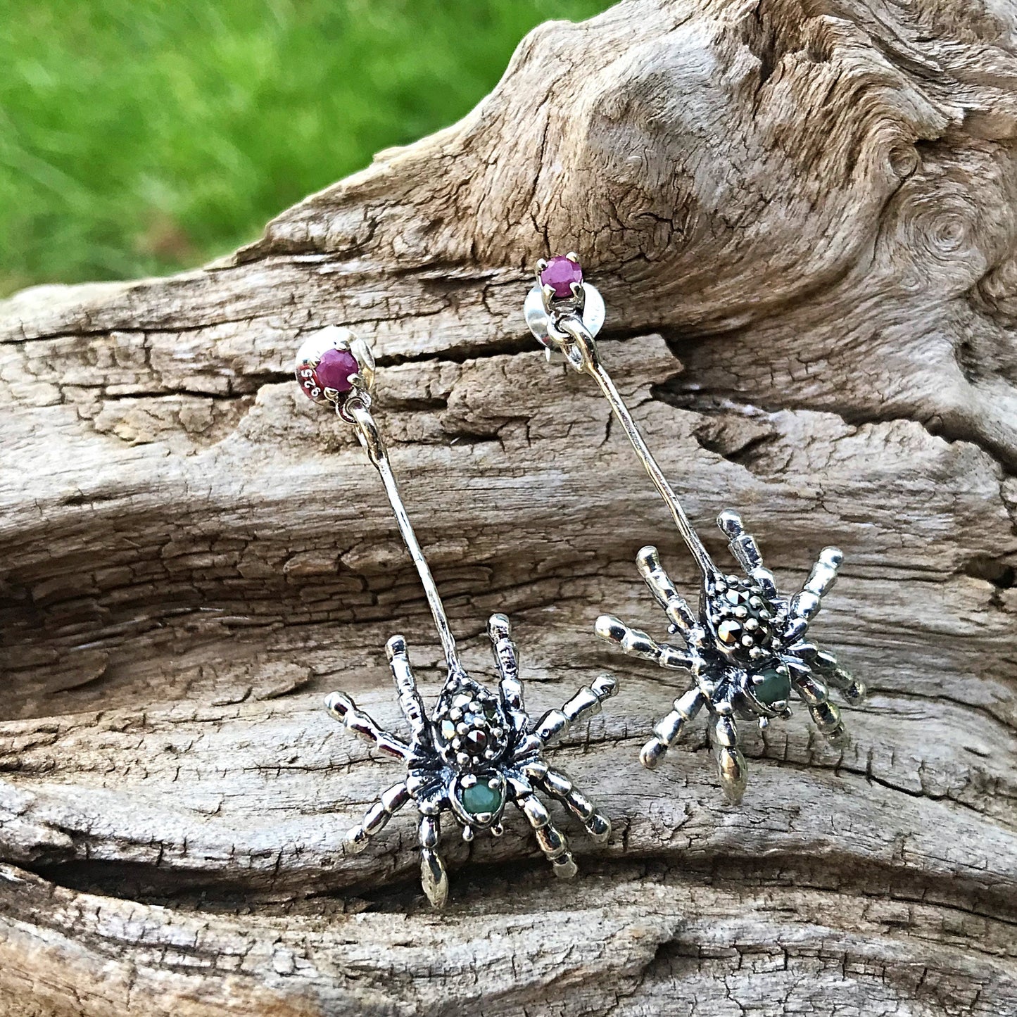 Artisan Handmade Sterling Silver Spider Marcasite ruby emerald stud dangle  earrings