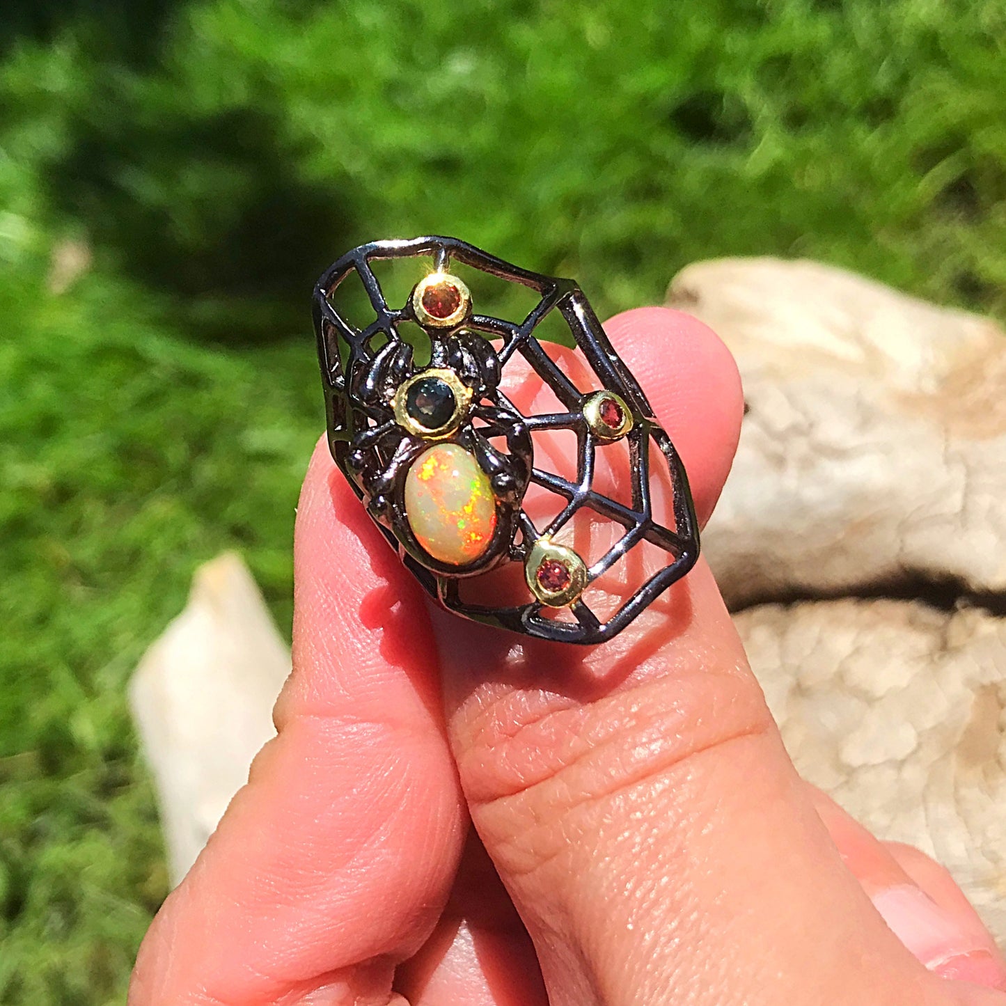 Sterling Silver modernist spider web Handmade Fire Opal Artisan ring 7