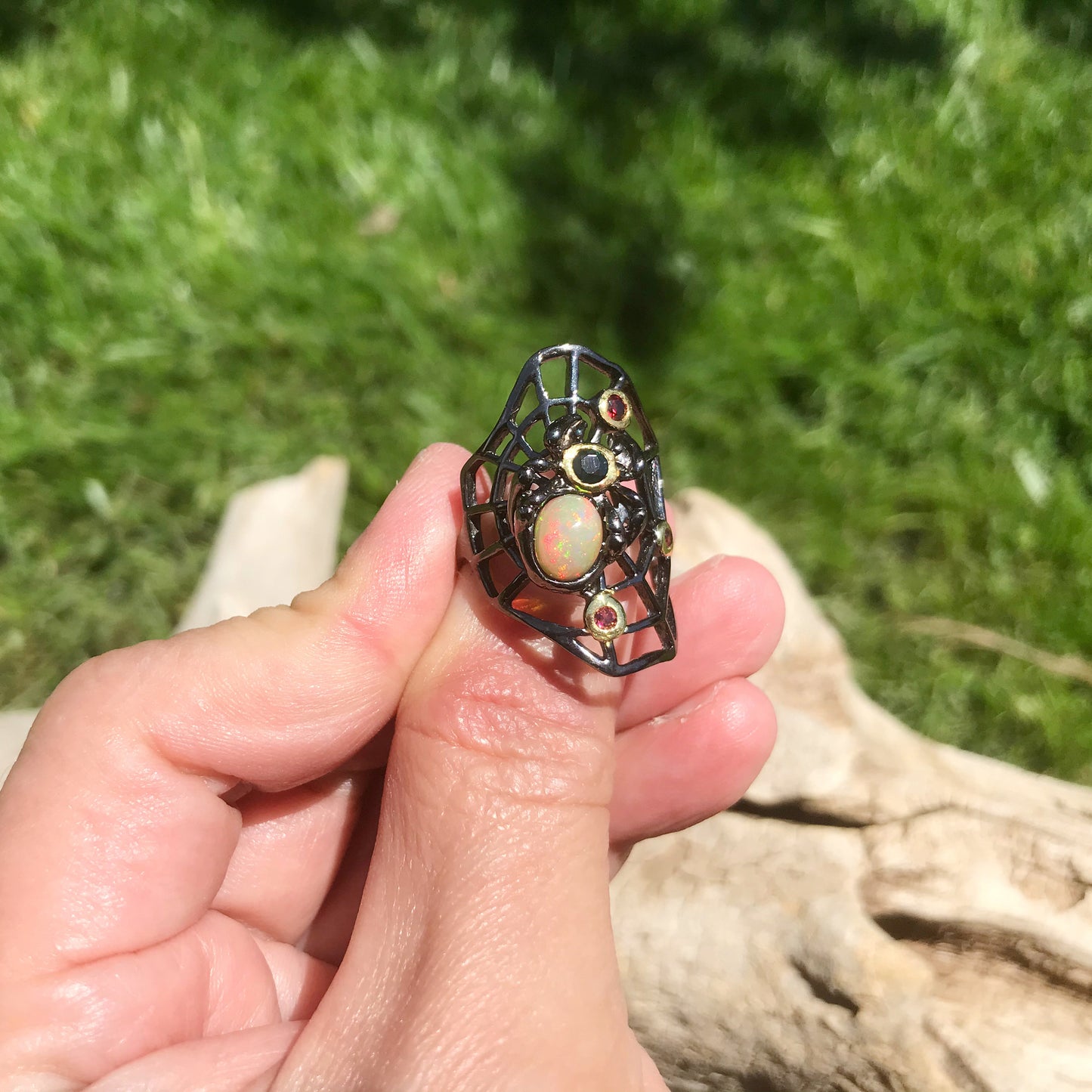 Sterling Silver modernist spider web Handmade Fire Opal Artisan ring 7