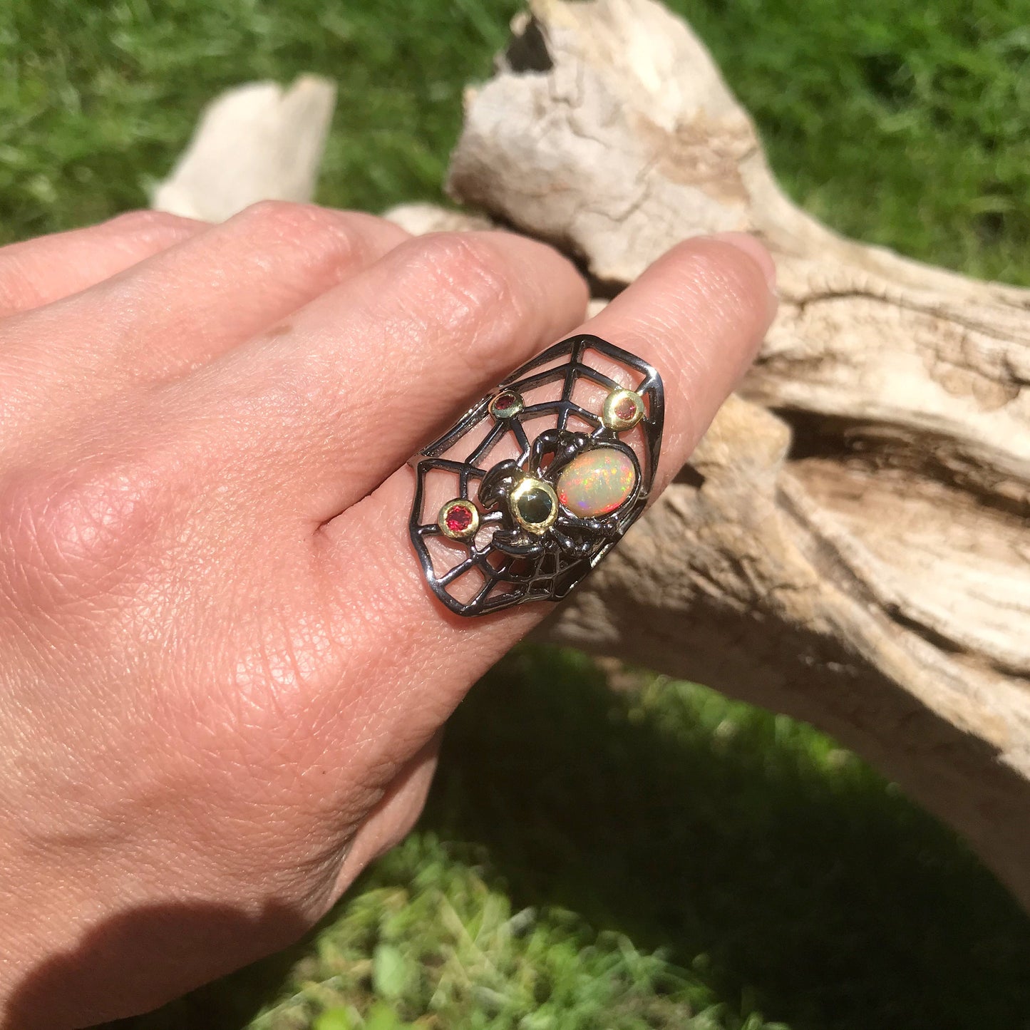 Sterling Silver modernist spider web Handmade Fire Opal Artisan ring 7