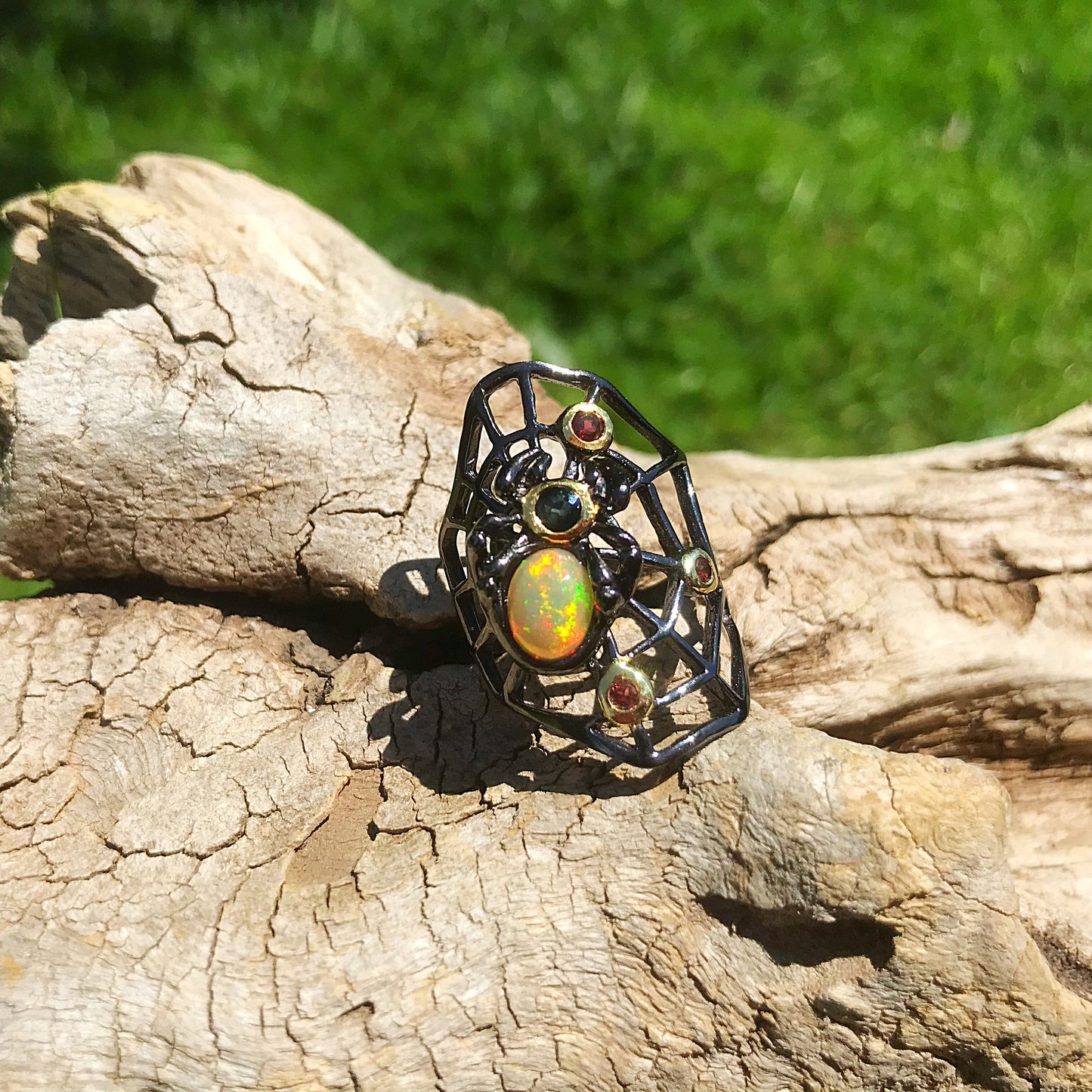 Sterling Silver modernist spider web Handmade Fire Opal Artisan ring 7