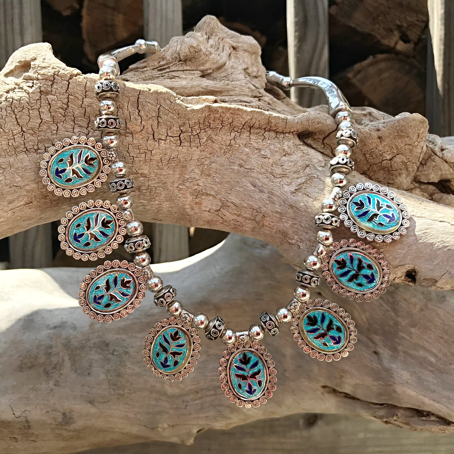 Sterling silver Enamel Flower Blue Vintage Statement OOAK Artful necklace collar Choker