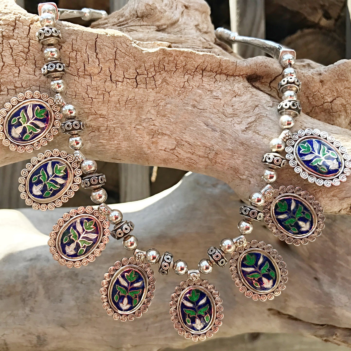Sterling silver Enamel Flower Blue Vintage Statement OOAK Artful bohemian Romantic necklace collar Choker