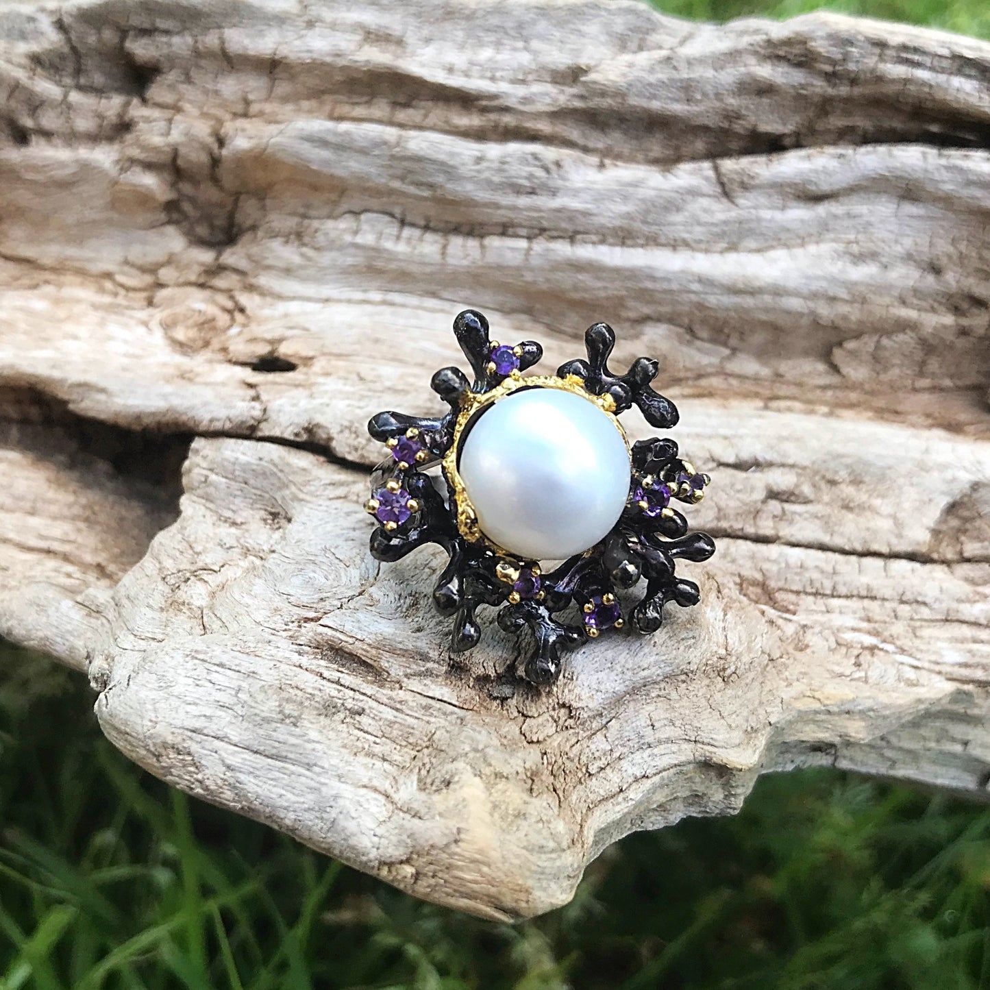 925 sterling silver brutalist abstract White natural pearl amethyst ring 7.5