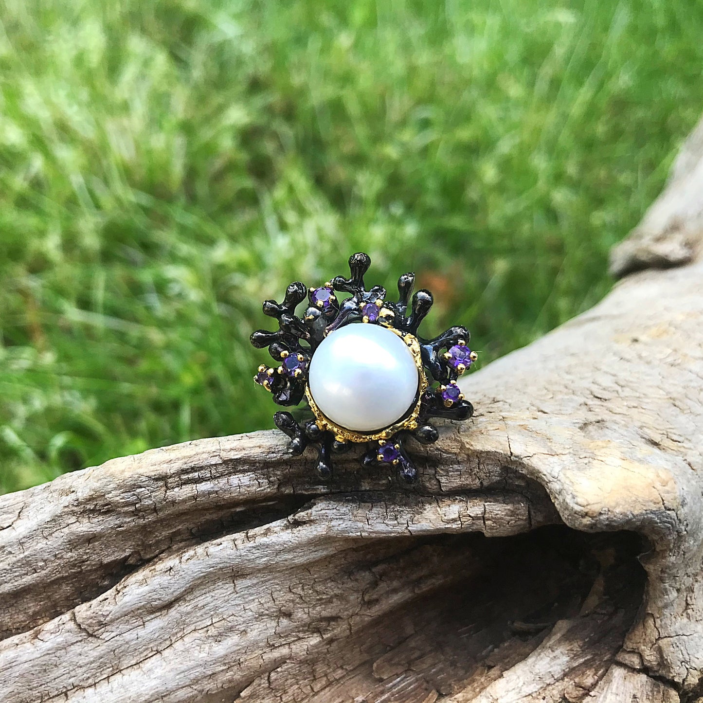925 sterling silver brutalist abstract White natural pearl amethyst ring 7.5