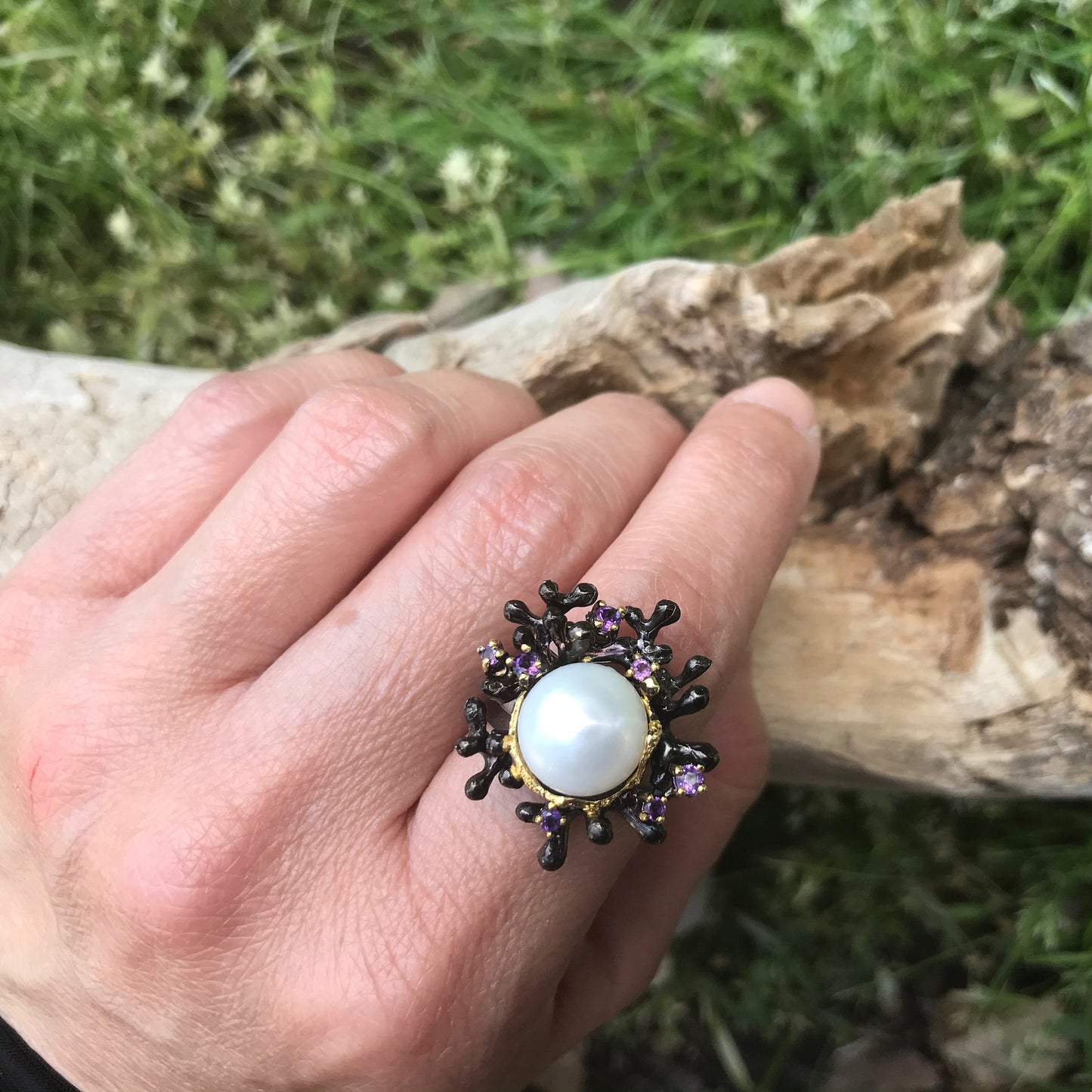 925 sterling silver brutalist abstract White natural pearl amethyst ring 7.5